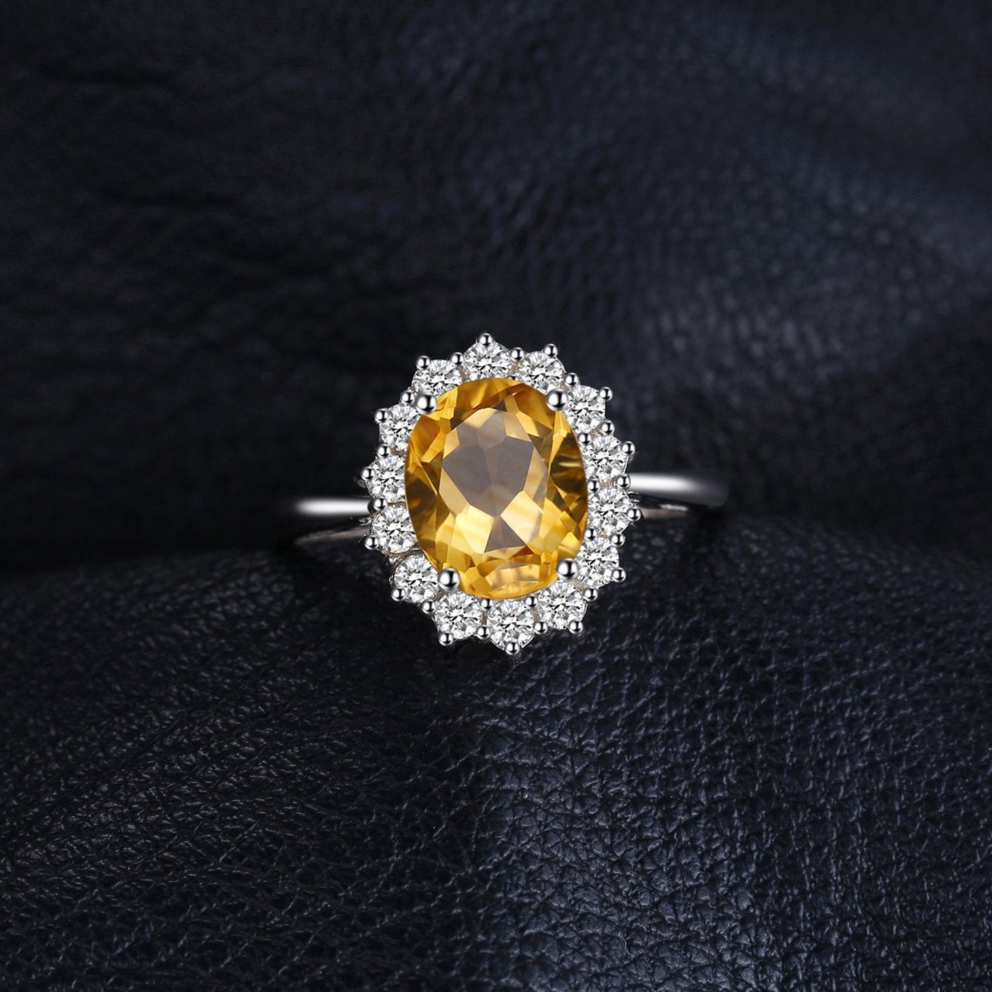 JewelryPalace Princess Diana Kate Middleton Gemstone Birthstone Yellow Amethyst Halo Statement Engagement Rings for Women, 14K White Gold Plated 925 Sterling Silver Promise Rings for Her Size 10.5