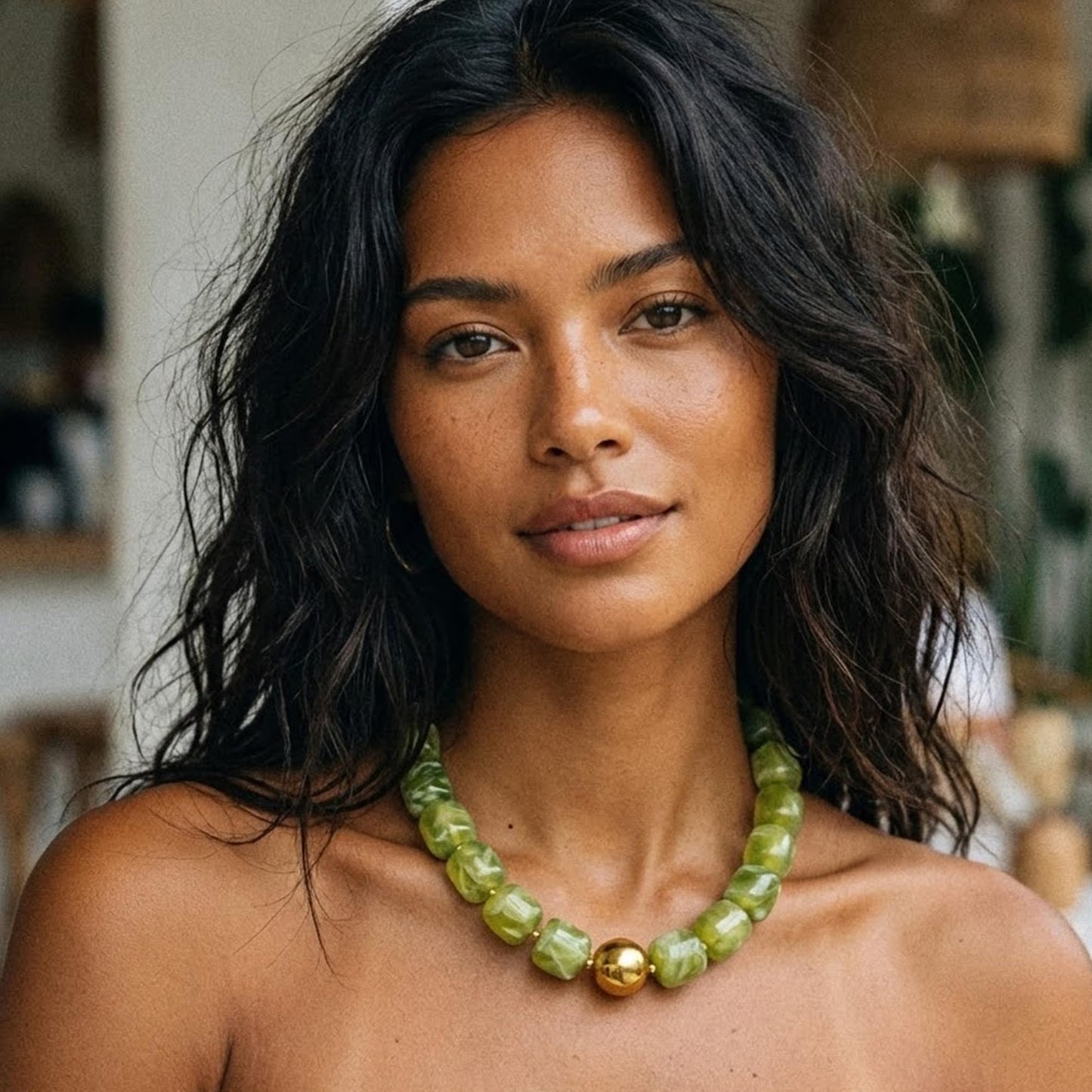 Mchic Green Beaded Choker Necklace for Women: Adjustable Boho Chunky Green Beads Strand Necklace Acrylic Square Bead Jewelry Summer Beach Vibe Handmade Stainless Steel Necklace Gift