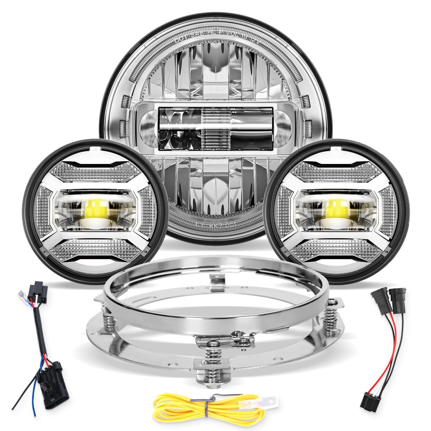 SPL 1000% Bright 7 inch Motorcycle LED Headlight with Halo DRL 4.5" Fog Passing Lights DOT Kit Compatible with Road King Electra Glide Street Glide Heritage Softail Ultra Classic Fat Boy Tri, Silver