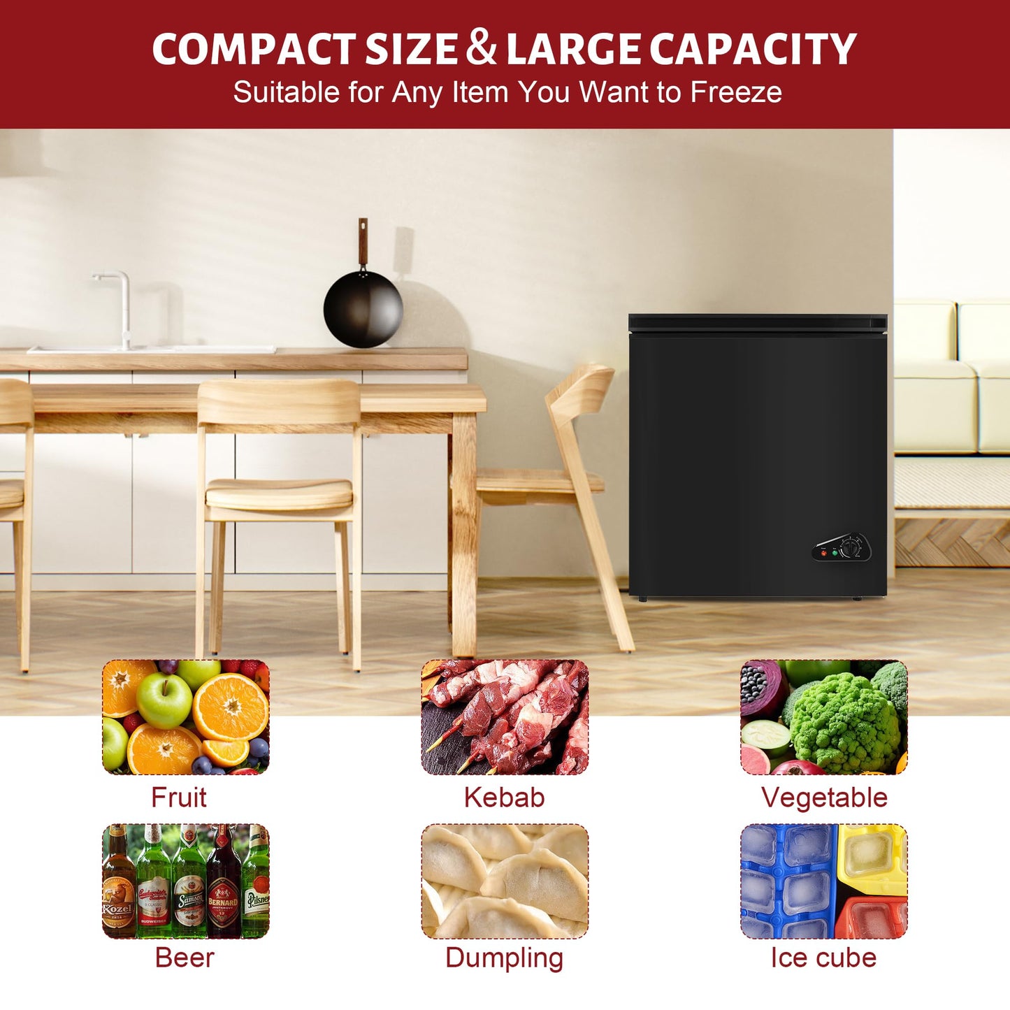 rosmena Chest Freezer 5.0 cu ft, Mini Deep Freezer with Removable Basket, FreeStanding Compact Small Freezer, Adjustable 6 Thermostat, Quiet Small Deep Freezer Top Open Door for Dorm/Home(Black)