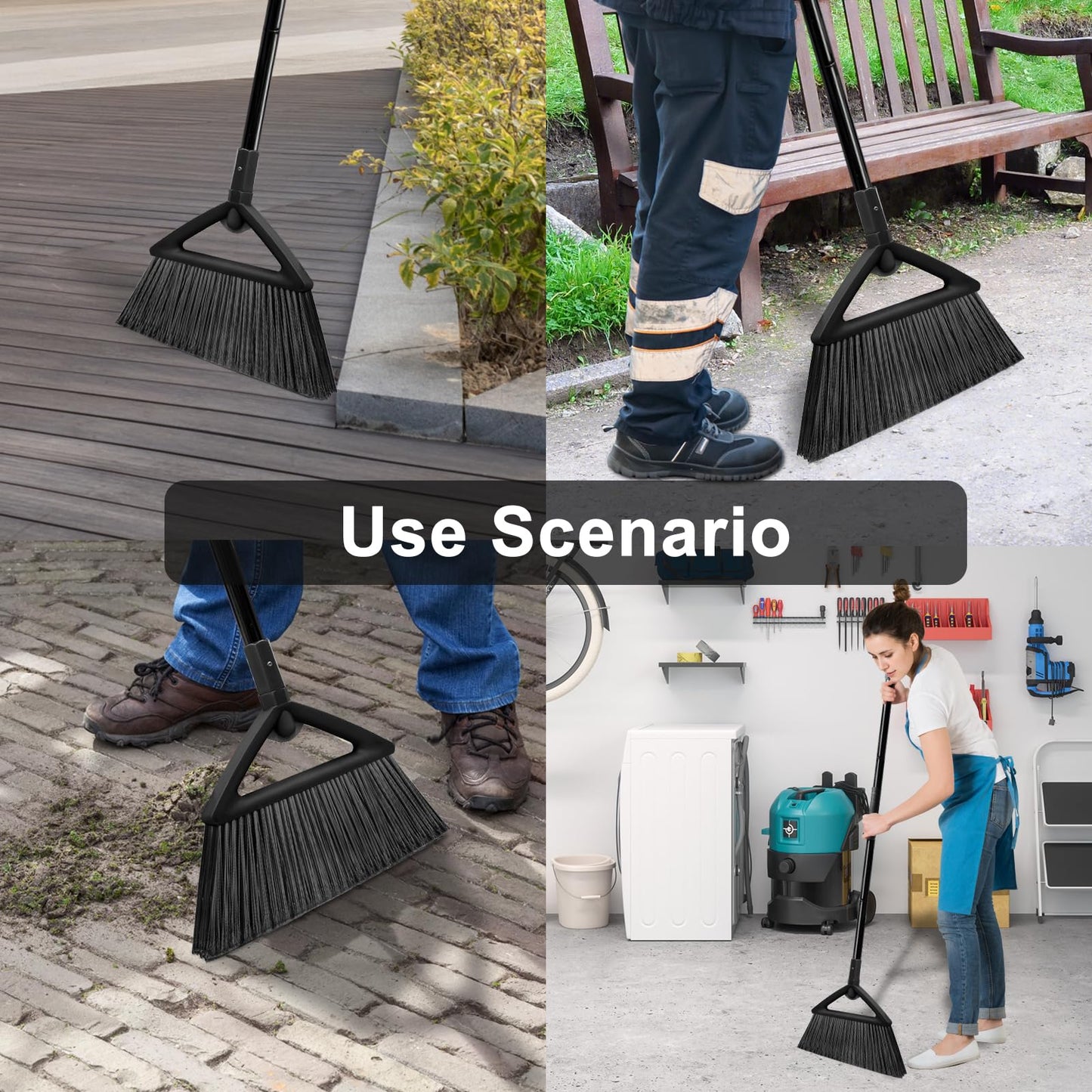 SZJYHQY 2PCS Heavy Duty Broom, Broom for Sweeeping Indoor and Outdoor, Angle Broom with Long Pole, Outdoor Broom for Courtyard/Garages/Slidewalk, Indoor Broom for Kitchen Lobby Canteen Black