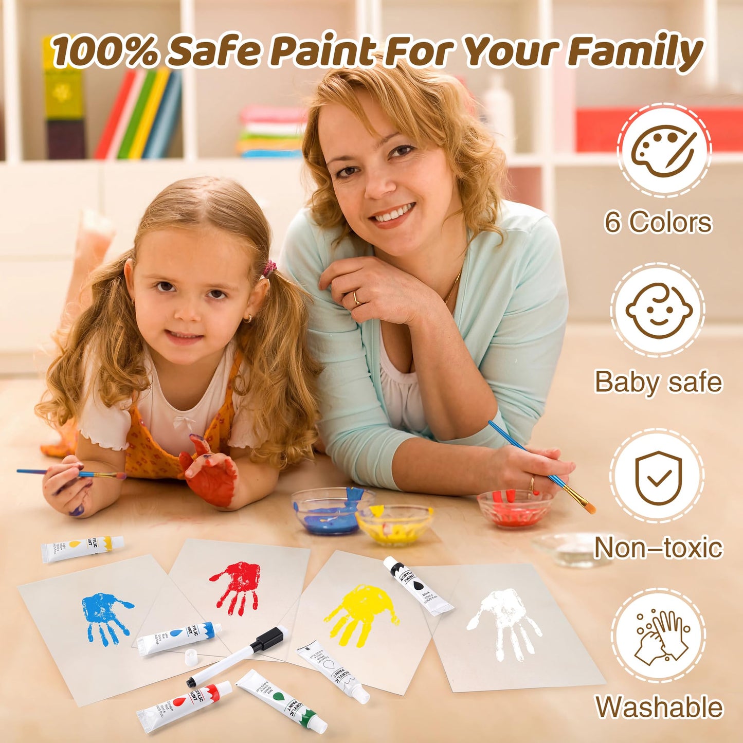 Omrhvi Family Handprint Kit, Hand Prints Keepsake Frame, DIY Craft Gift for New Parents & Mom & Baby, Grandparents, Mother's Day, Father's Day, Adoption Day, Anniversary, 6 Non -Toxic Paints (White)