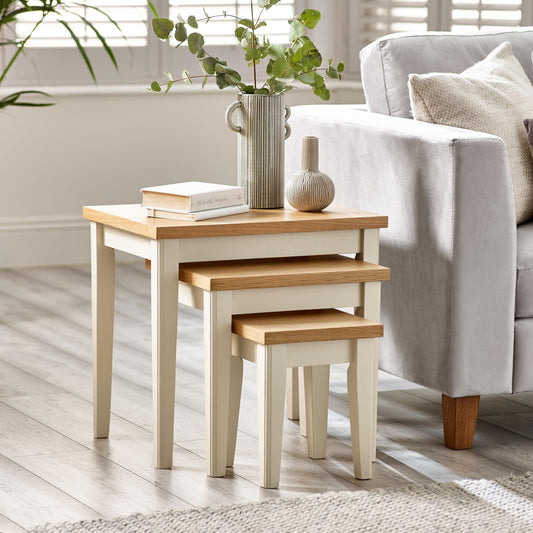 Furniturebox UK Set of 3 Wooden Nesting Tables - Eden Solid Wood Nested Tables - Pale Oak Veneer Tops Cream Legs - Modern Farmhouse Traditional Living Room Furniture - Solid Rubberwood