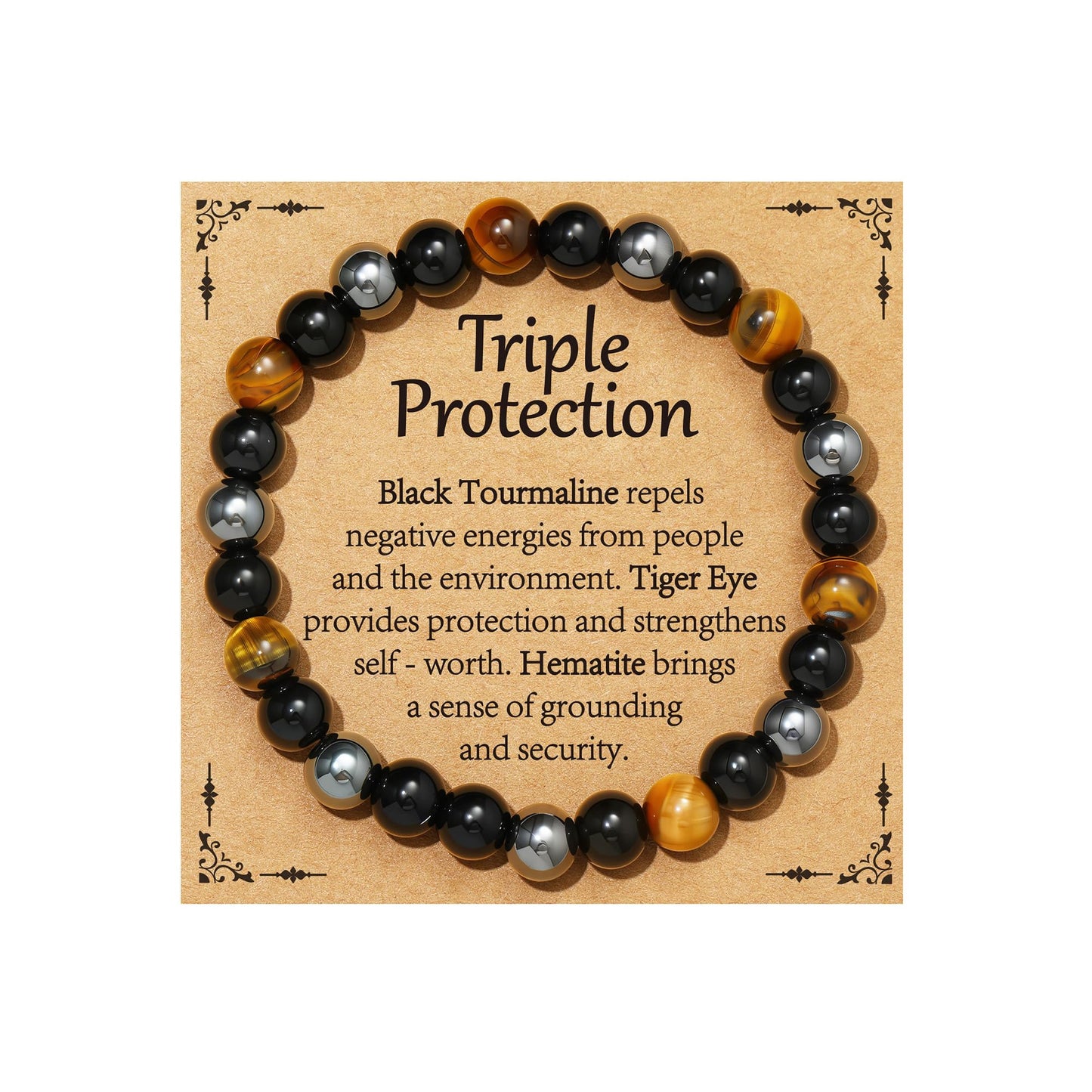 Gnamy Bracelet Gifts for Women, Triple Protection Healing Crystal Beaded Bracelets Hematite Black Tourmaline Tigers Eye Natural Worry Stones Anxiety Healing Birthday Easter Basket Stuffers Jewelry Presents for Her Adults Mom