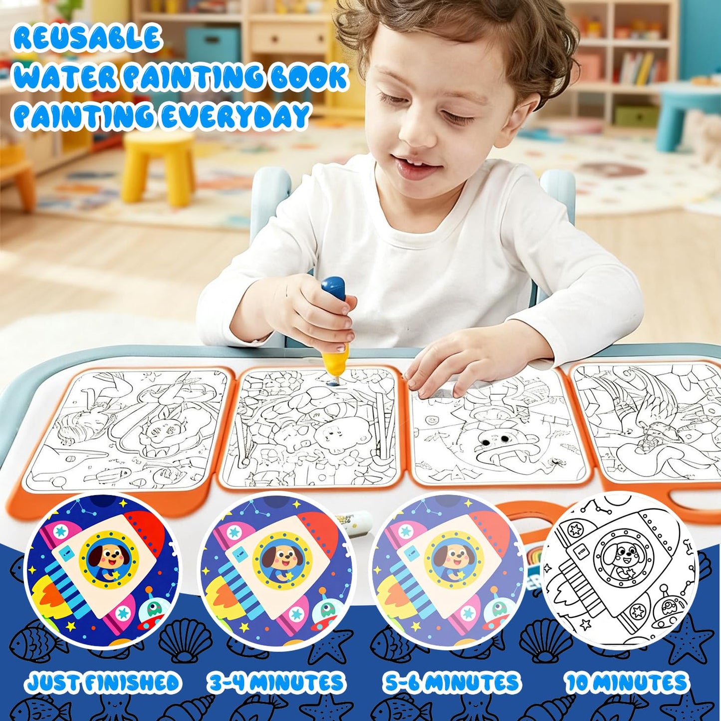 Usmfuie 3 Pcs Reusable Water Painting Book for Toddlers, Water Coloring Books for Kids, Paint with Water Books, Magic Water Color Paint Book with Pen, Water Doodle Book Travel Toys
