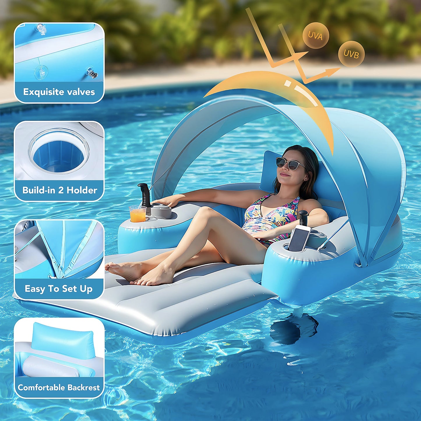 Motorized Pool Float with Canopy, Rechargeable Motorized Floats with Cup Holder – Dual Motor Heavy Duty Electric Lounger Raft for Adults, Pool, Lake & Party