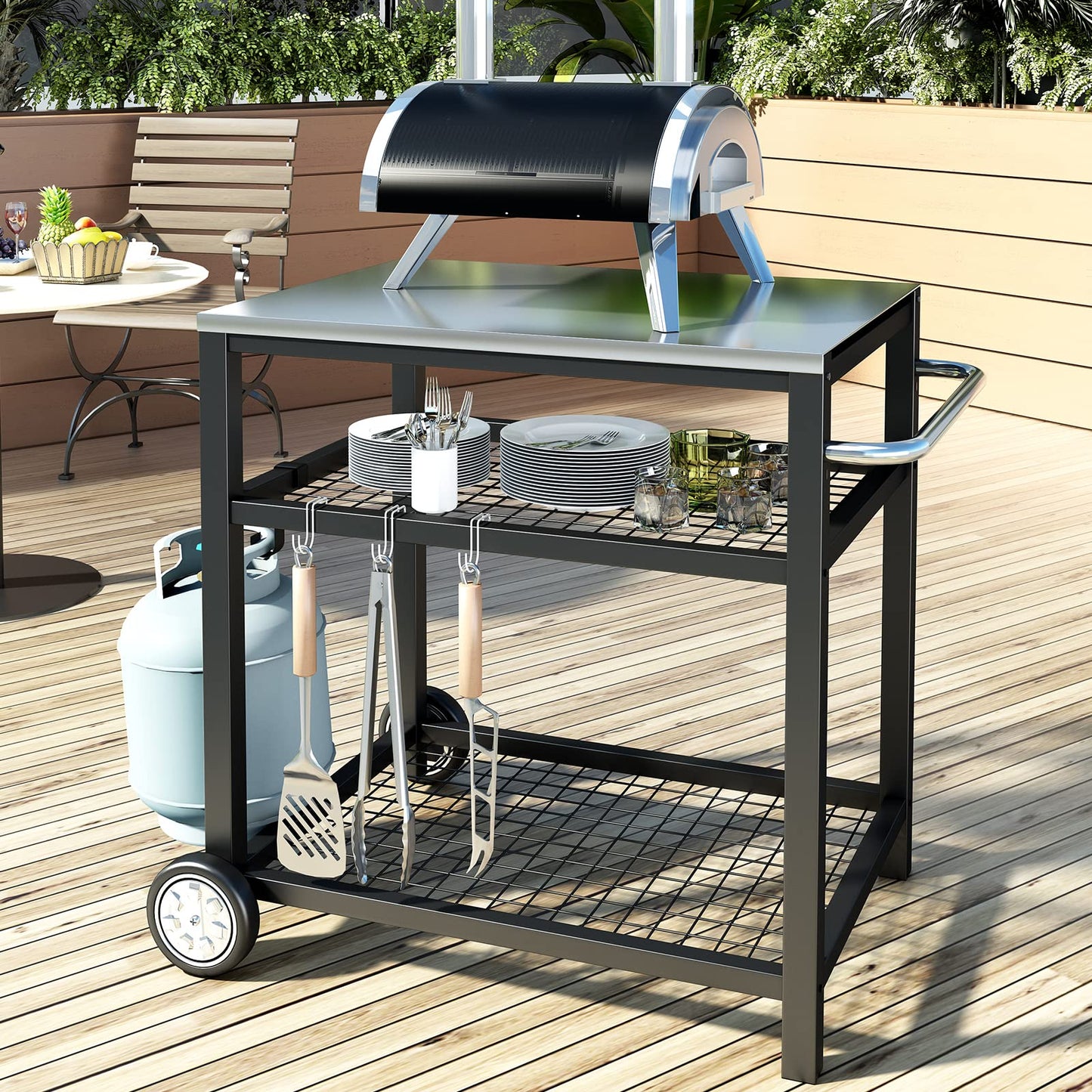 Movable Food Prep and Work Table Stainless Steel Grill Cart Modular Table with Wheels and Handle Double-Shelf Commercial Kitchen Tables Heavy Duty Pizza Oven Stand Outdoor