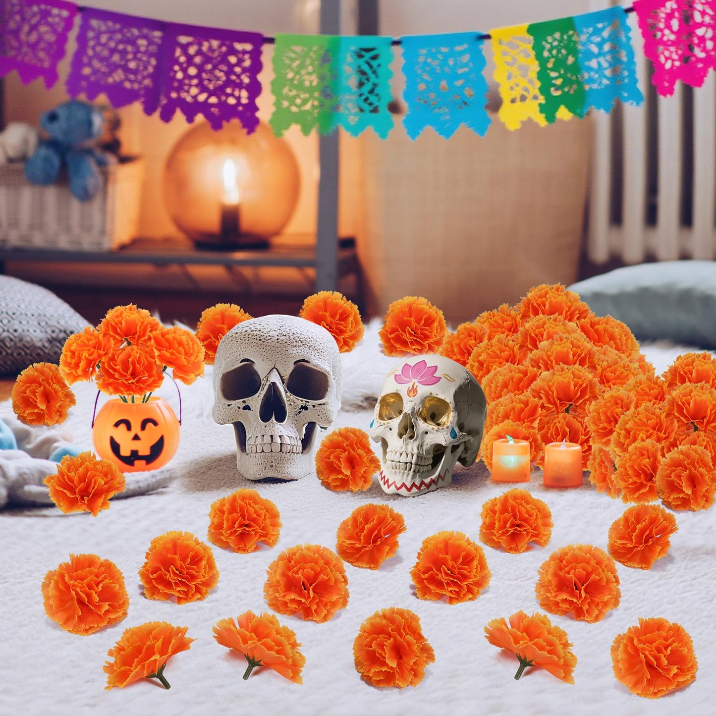 100PCS Marigold Flower Heads with Stems – Artificial Cempasuchil Flowers for Día de Los Muertos Altar, Day of The Dead Decorations, Halloween, Mexican Party, DIY Garland & Wreath Décor（Orange）