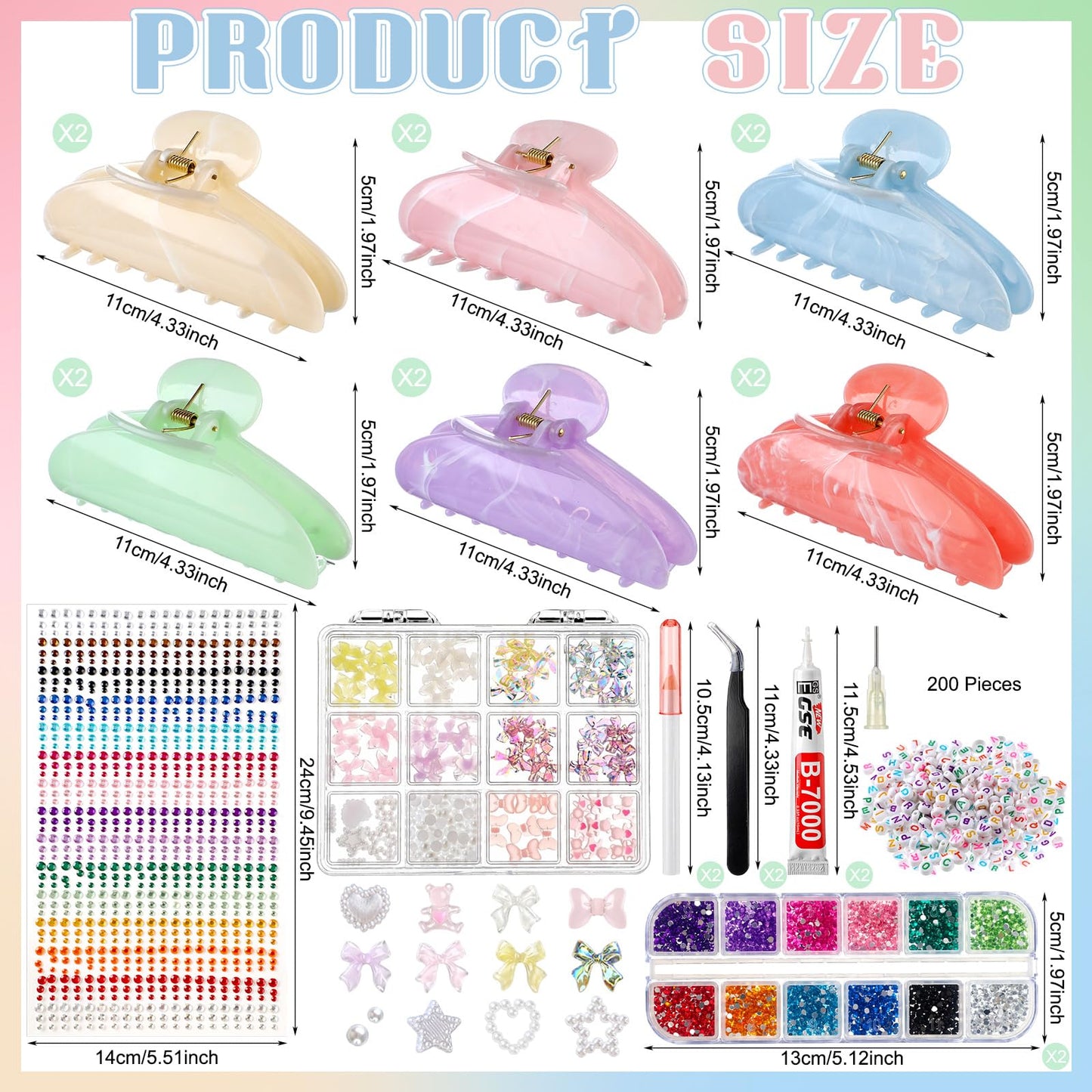 XunYee 12 Set DIY Hair Claw Clips Kit Acrylic Claw Clip with Rhinestones Letters Beads and Bow Star Bear Peal Stickers Accessories Non-Slip Banana Barrettes for Women Party Crafting Night DIY