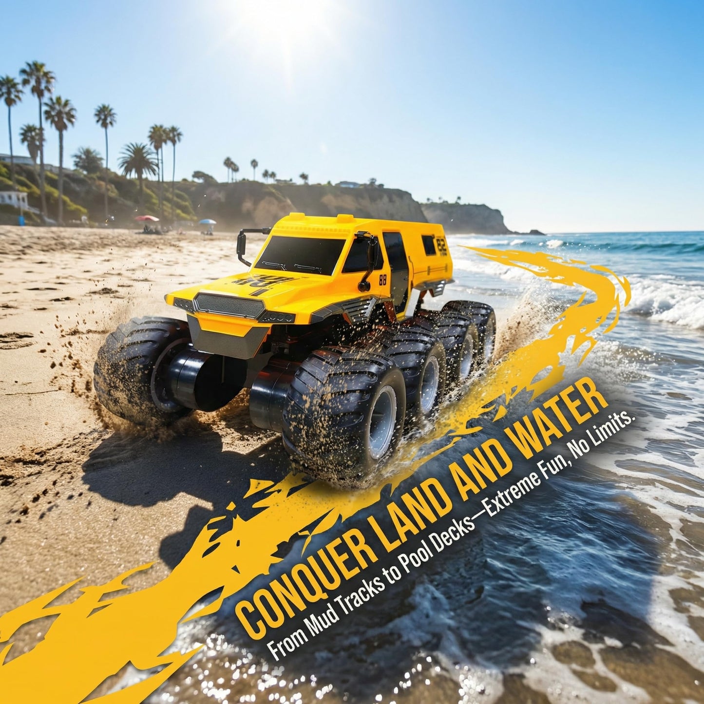 KB KAIBO 1:12 Large Amphibious Remote Control Car Monster Truck - 8WD All Terrain Waterproof Toy for Kids, 7.4V High-Speed Remote Control Car for Boys Girls Ages 6-12, Perfect Birthday Gifts -Yellow