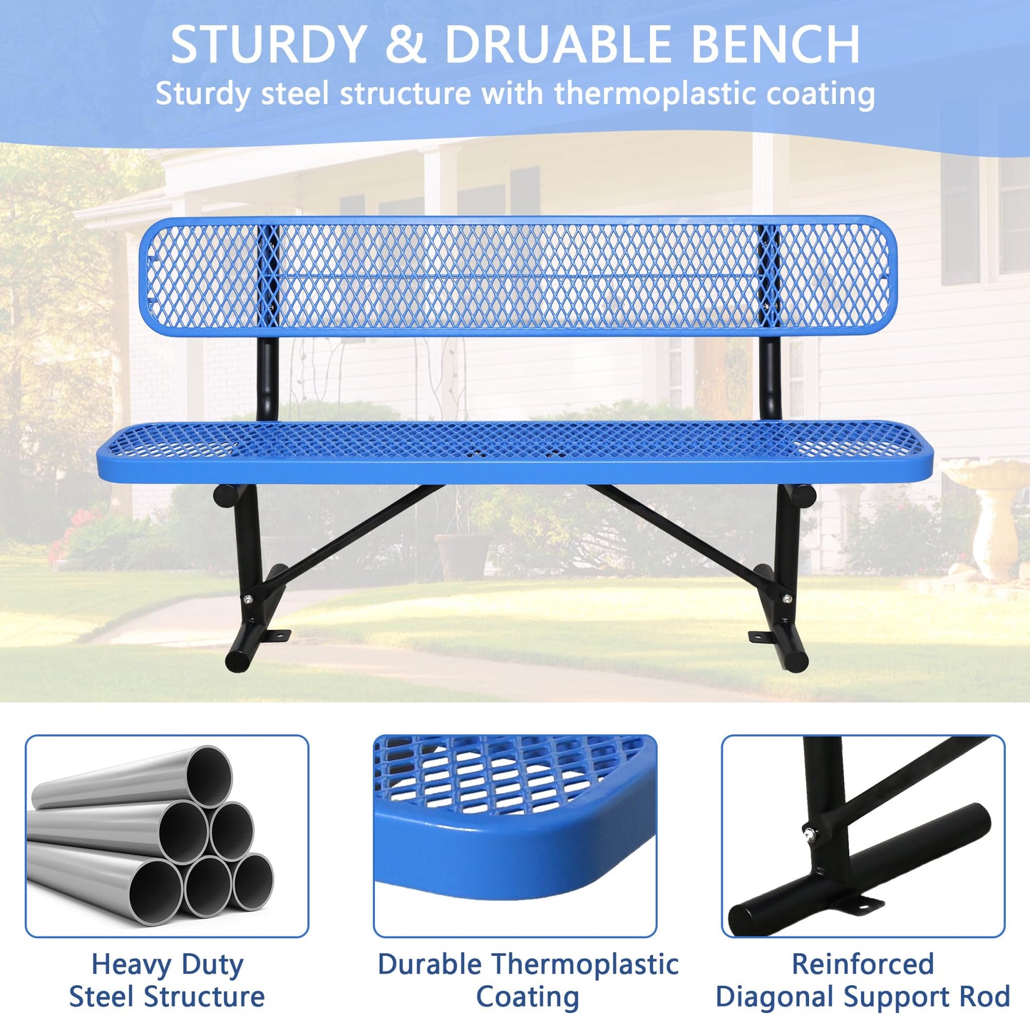 Congfutt 6 Ft Metal Park Bench for Outside, All-Weather Thermoplastic Coating Outdoor Bench with Backrest, Commercial Heavy Duty Benches for Shopping Malls, Stores, Parks, Patios, Decks, Blue