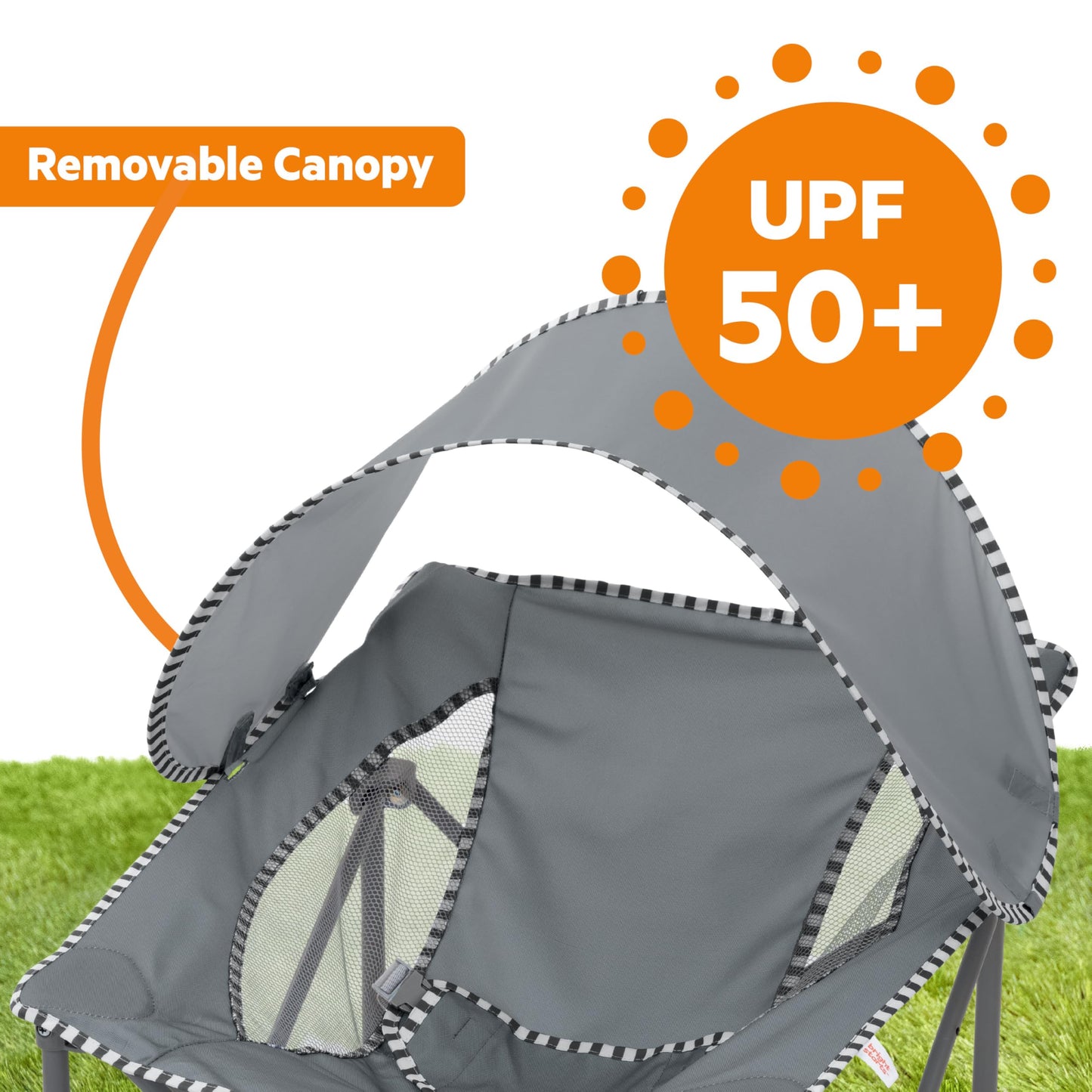 Bright Starts Pop 'N Chill Portable Infant Beach Chair, Travel Seat with UPF 50+ Canopy, Indoor/Outdoor Baby Seat, Grey, 0‑6 Months