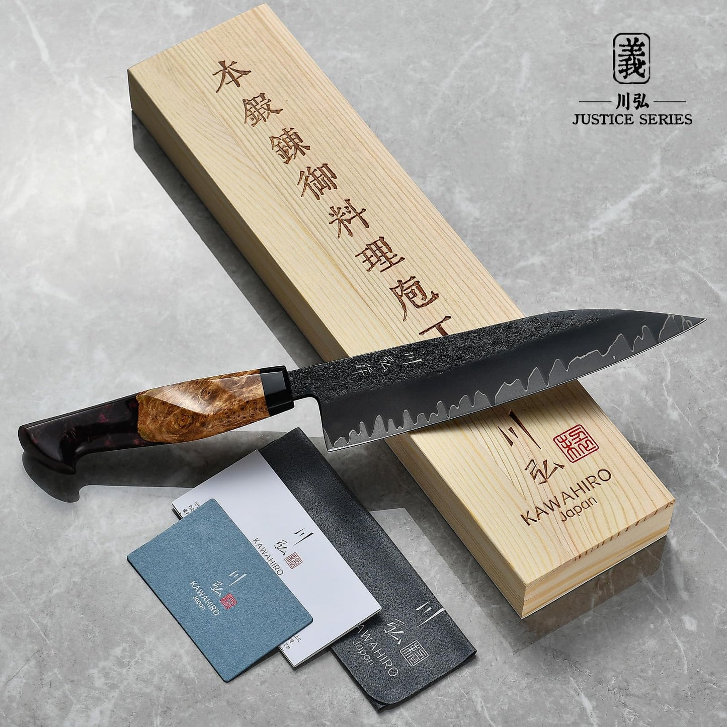Japanese Blackened Gyuto Chef Knife, 8 Inch Hand Forged Tri-Ply SG2 Powder Steel Kitchen Knives, Professional Japan Chefs Knife with Luxurious Stabilized Wood Ergonomic Handle, Best Cooking Gifts