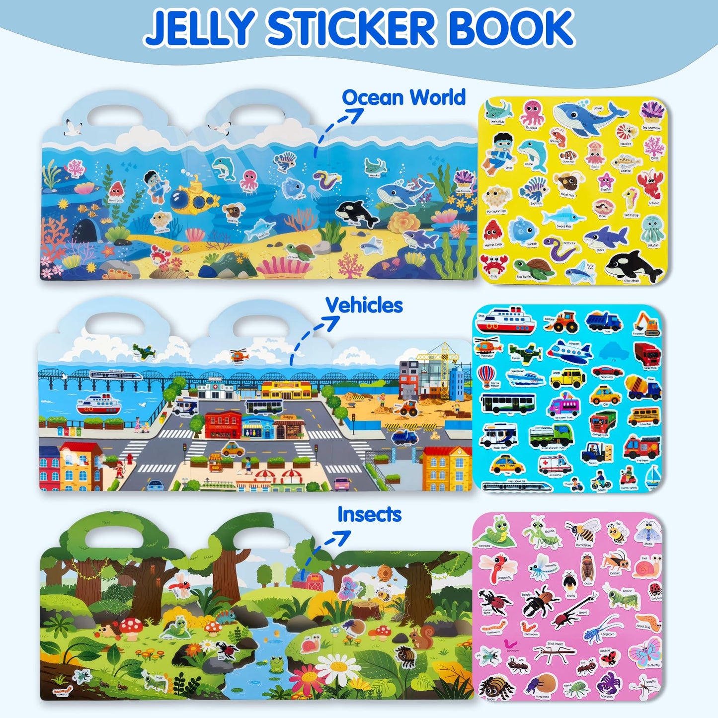 ACGROW 6 Sets Reusable Sticker Book for Kids, Puffy Jelly Stickers for Toddlers, Travel Essentials Craft Activities Toys for Boys Girls Birthday Gifts