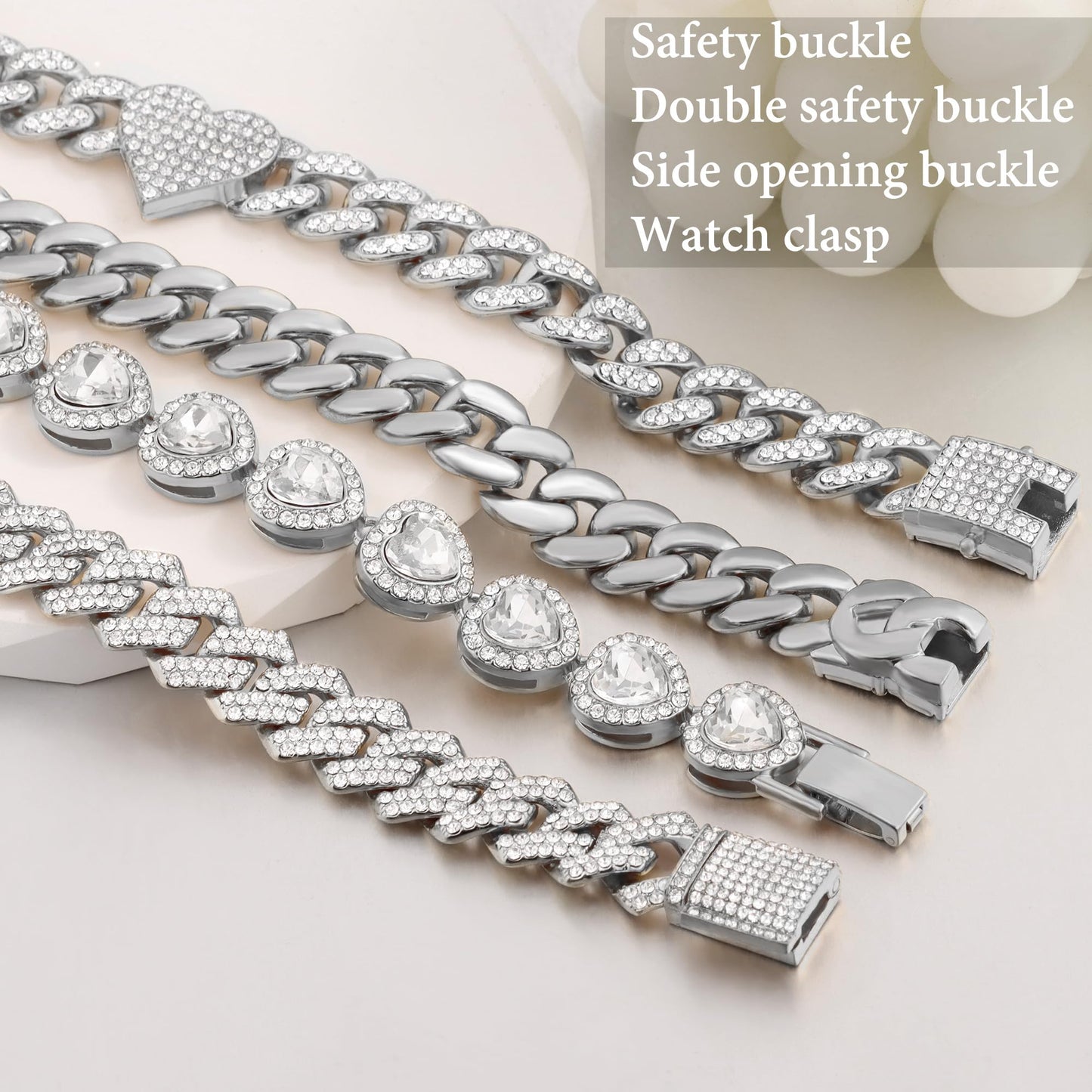 shopbyskyler 4PCS Gold Bracelets for Women Silver Clustered Tennis Bracelet for Women Heart Round Diamond Cuban Bracelet Layered Link Bracelet Set Fashion Jewelry for Women Set (Silver-2, 8inch)