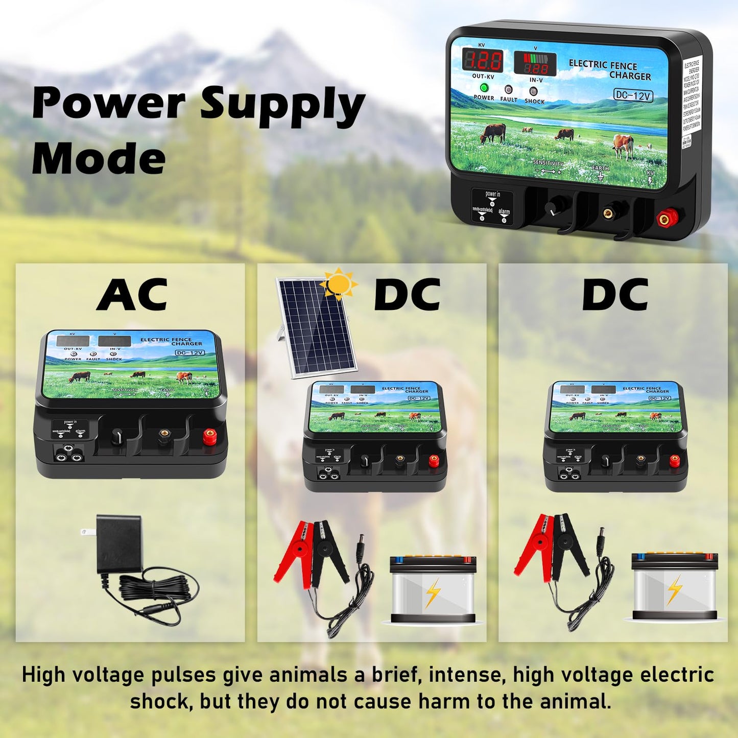 Watpumper 15.5 Joule Electric Fence Charger, 12KV Output, 600 Acres Coverage, DC 12V/AC 100-240V Input, Electric Fence Energizer with Alarm for Cattle, Cow, Goat, Horse, Livestock Protection, YMD-Q780