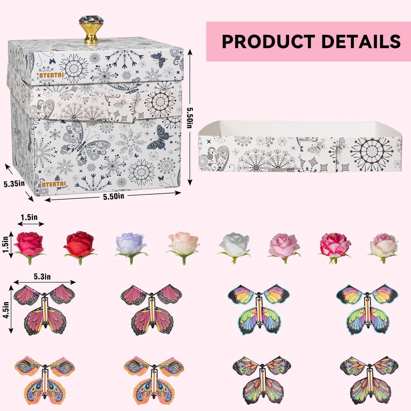 Explosion Mother’s Day Gift Box, Flying Butterfly Surprise Gifts Box, DIY White Included Butterfly Kit and Faux Rose Head for Birthday, Mothers Day Gifts & Fathers Day Gift, Weddings, Anniversaries