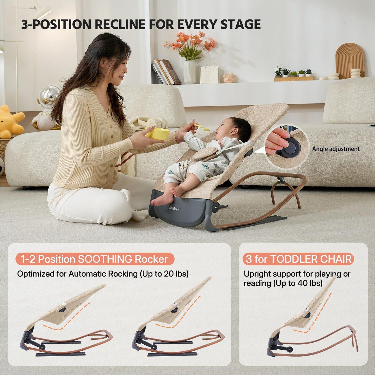 VaVaSoo Electric Baby Rocker to Toddler Chair, Automatic Motion with Smart Touch-Start, 3-Level Recline & 8 Melodies, Portable Infant Seat up to 40lbs, ASTM Certified (Battery Type-C Powered)