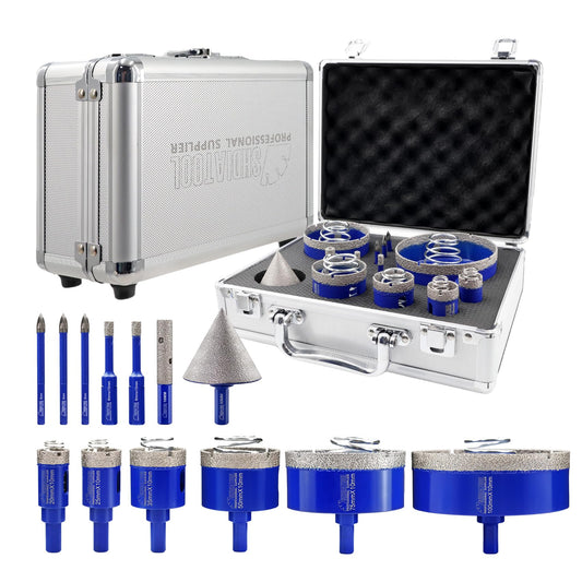 SHDIATOOL Diamond Drill Core Bits Kits, Hole Saw Sets with Triangle Shank for Drilling Porcelain Tile Marble Ceramic Granite on Drill Machine 13pcs（6/6/20/25/35/50/75/100MM/2/10MM/6/6/6mm）