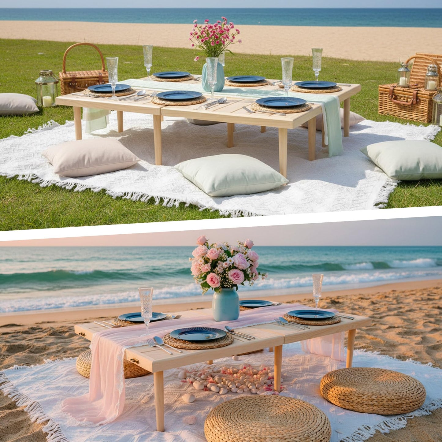 Hahafelt 2 Set Low Picnic Table, Foldable Boho Picnic Table with Extra Large Outdoor Camping Blanket Portable Boho Wood BBQ Tables for Camping Wedding Beach BBQ Party (44.1''x22.1''x12.9'',Wood Color)