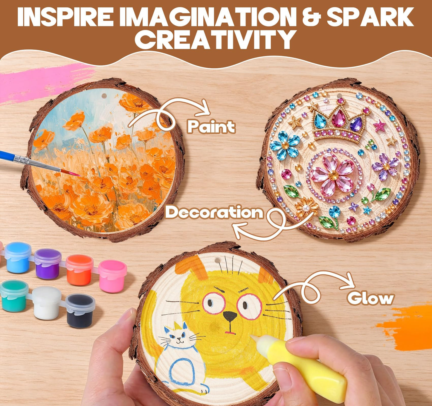 Timburst Unfinished Wood Slices Ornaments, 171pcs All-in-One Kids Painting Crafts, Glow in the Dark Wooden Craft Kit with Pre-Drilled Holes, Arts and Crafts for Girls Boys Ages 6+ Birthday Gift