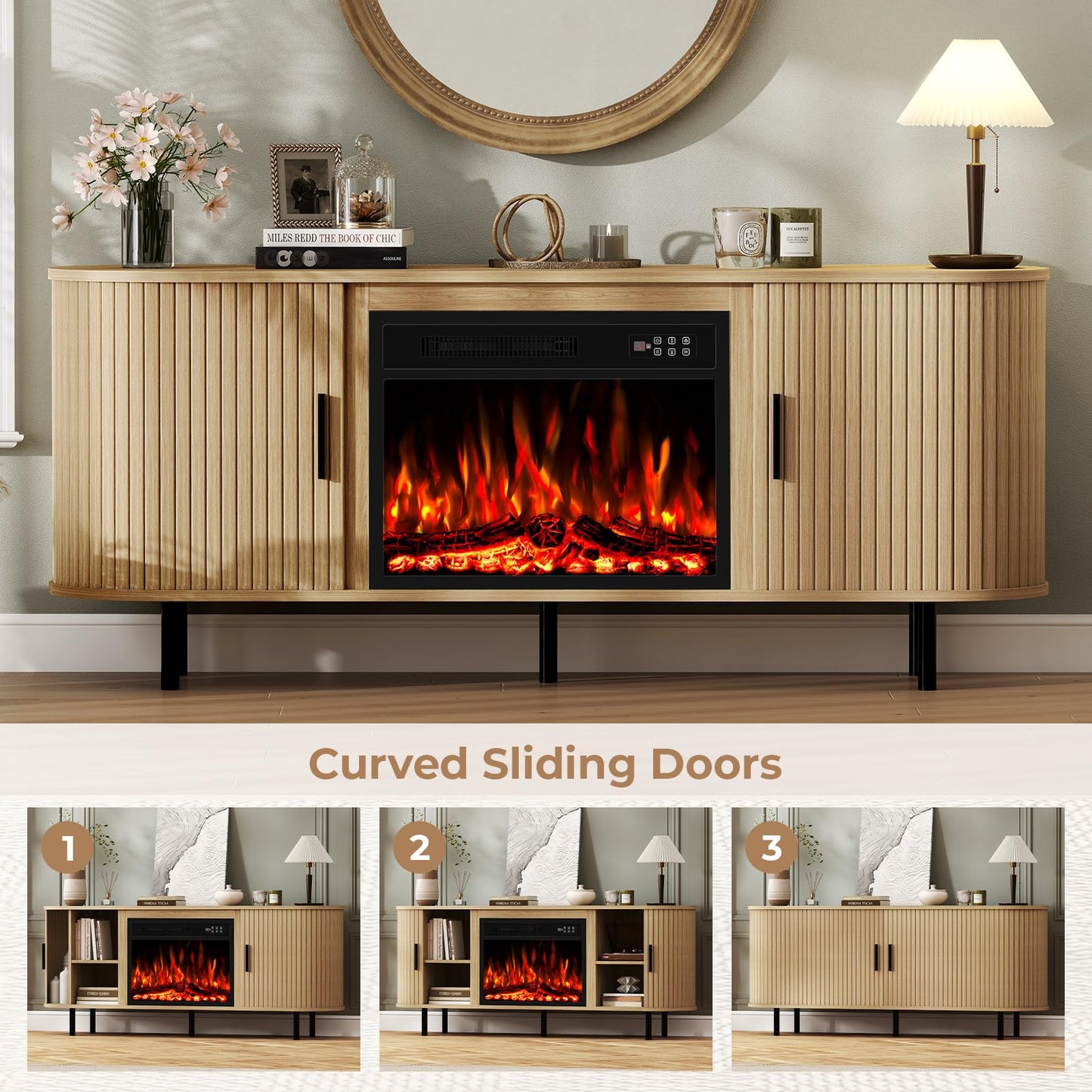 BREEZEHEAT 65'' Mid Century Modern Fluted TV Stand with 23" Fireplace, Curved Fireplace Entertainment Center for TVs Up to 75 Inches, Media Console Cabinet for Living Room/Bedroom, Oak Natural