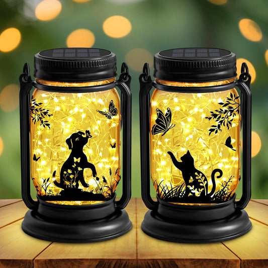 2 Pack Cat Solar Lanterns Outdoor, Cat & Dog Butterfly Vintage Glass Mason Jar, Birthday Mothers Day Gifts for Mom, Grandma, Women, Waterproof Garden Lights for Patio Yard Lawn Tree Decor
