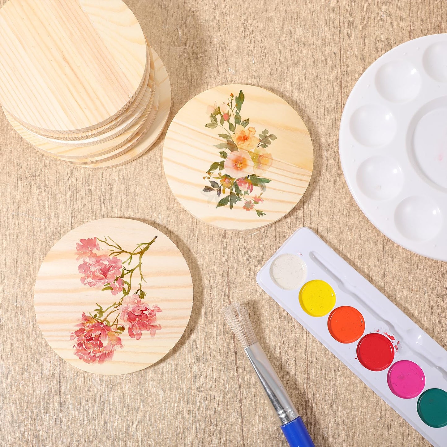 HJZHII 100 Pcs Unfinished Wood Coasters, 4 Inch Blank Wooden Coaster with Non Slip Foam Pad for DIY Stained Drawing Painting Wood Crafts Engraving Home Decoration Supplies(Round)