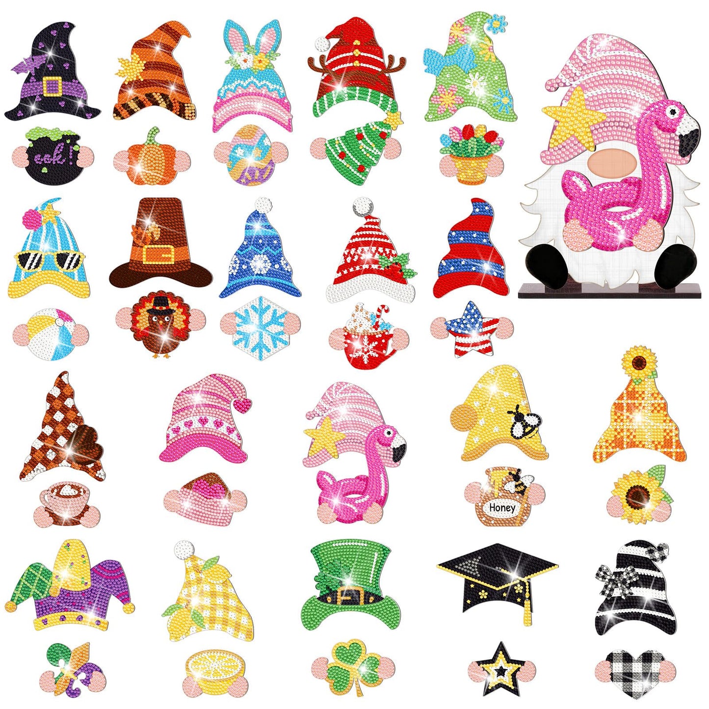 DoubleFill 42 Pcs Summer Diamond Kits 4th of July Interchangeable Wooden Table Decorations DIY Summer Holiday Party Seasonal Tiered Tray Art Decor Diamond Painting Magnets(Gnome)
