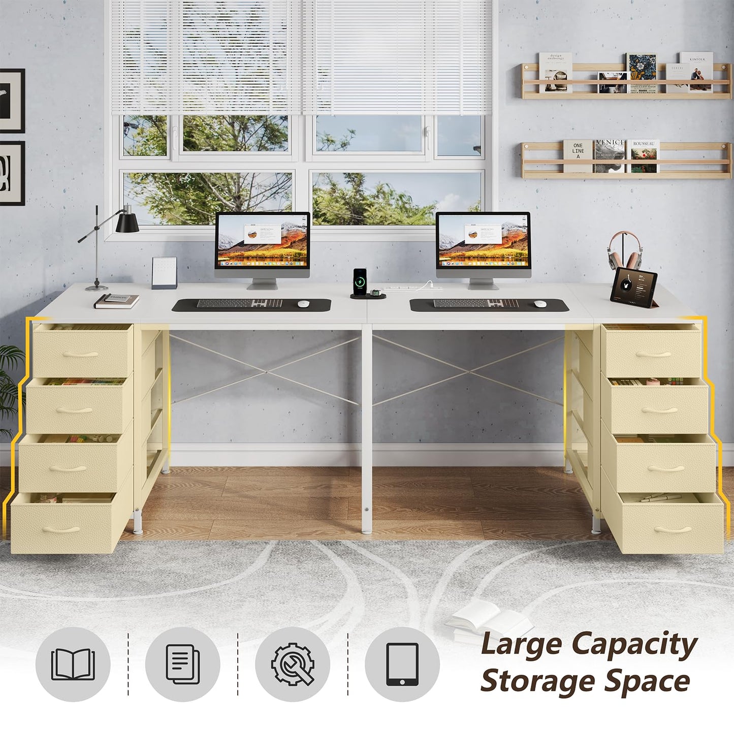 TVU 2 Person Desk with 8 Drawers, Large Home Office Computer Desk with Power Outlets, 78 Inch Long Double Desks for Two People, White