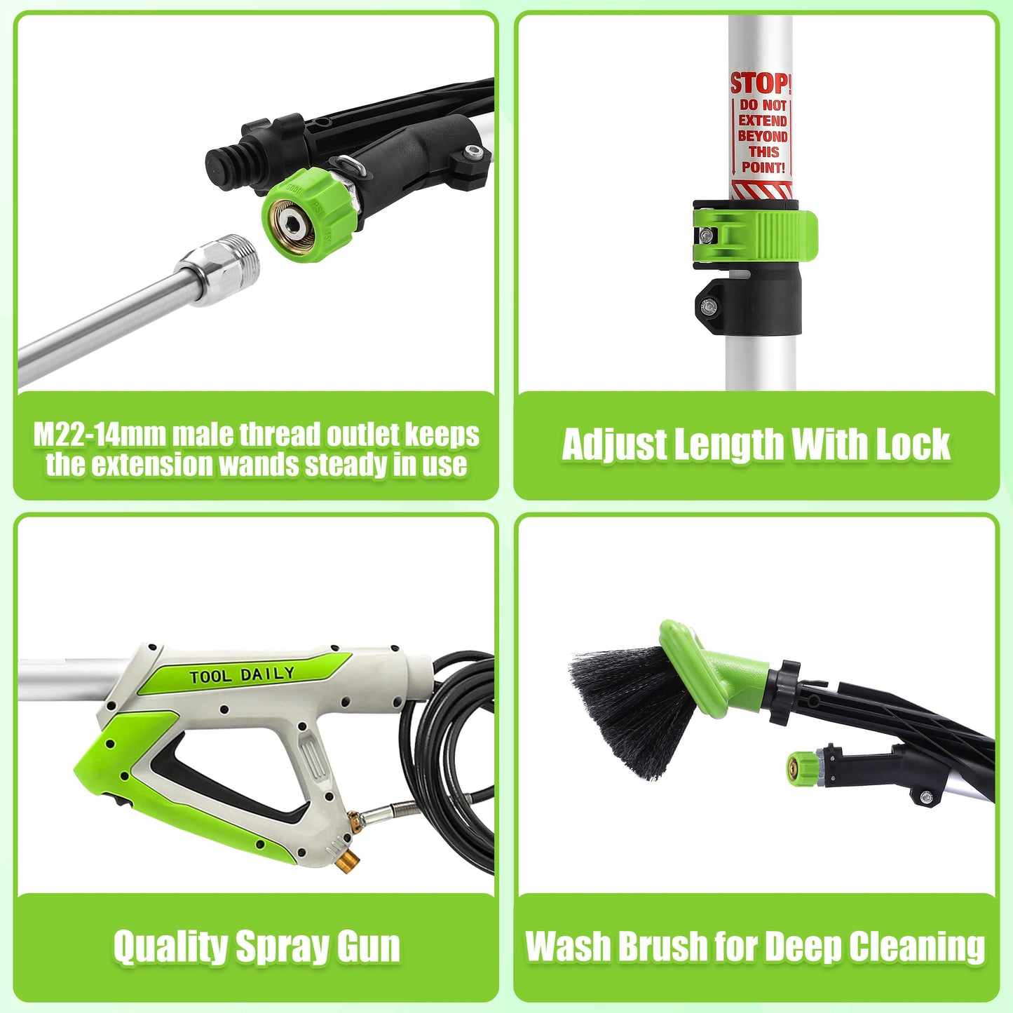 Tool Daily 21FT Telescoping Pressure Washer Wand with Brush, Power Washer Extension Wand, Aluminum Telescopic Gutter Cleaner with 3 Curved Rods, 5 Sprayer Nozzle Tips and Adjustable Belt, 4000 PSI