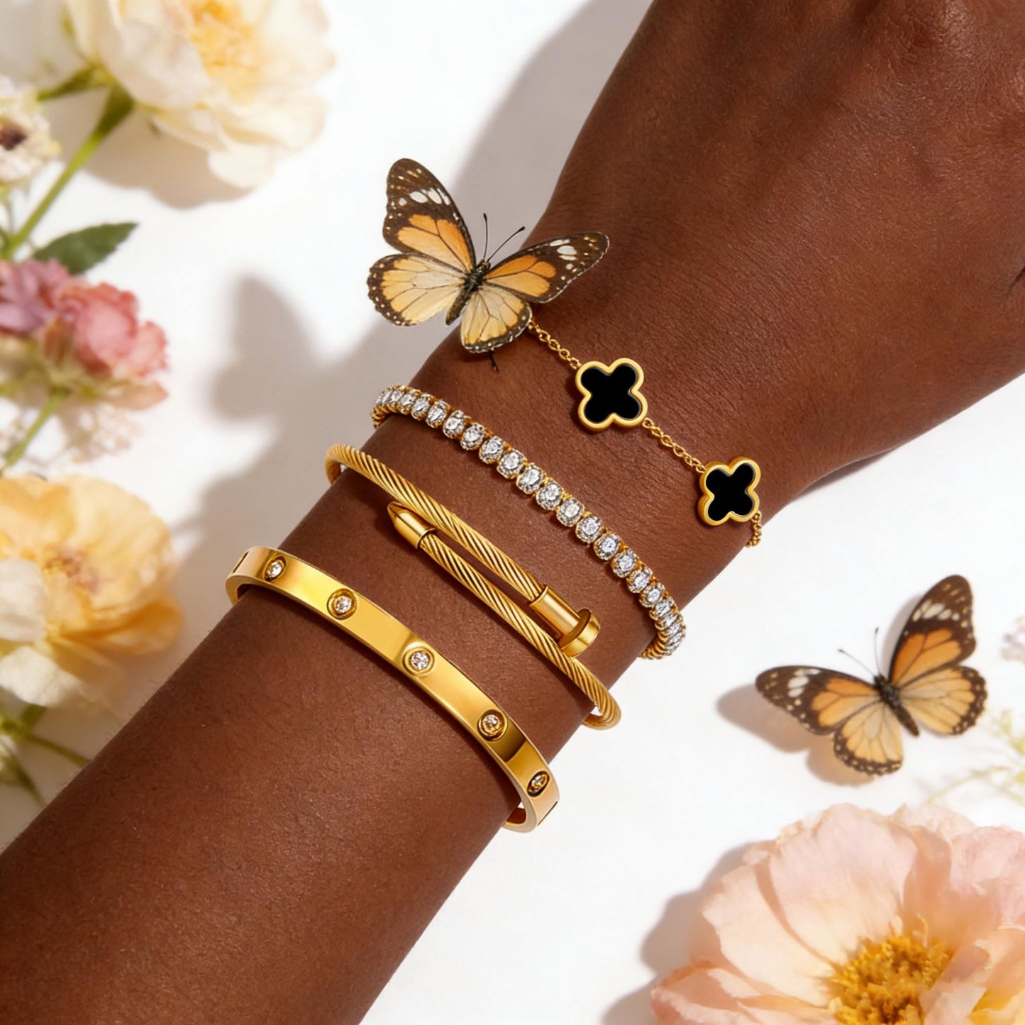 Gold Bracelets for Women, 18K Gold Plated Women Tennis Bracelets Clover Nail Love Bangle Bracelet Set, Gold Bracelet Stackable Set Trendy Jewelry, Gifts for Women's Day and Mother's Day (10-Color- 4 Black)