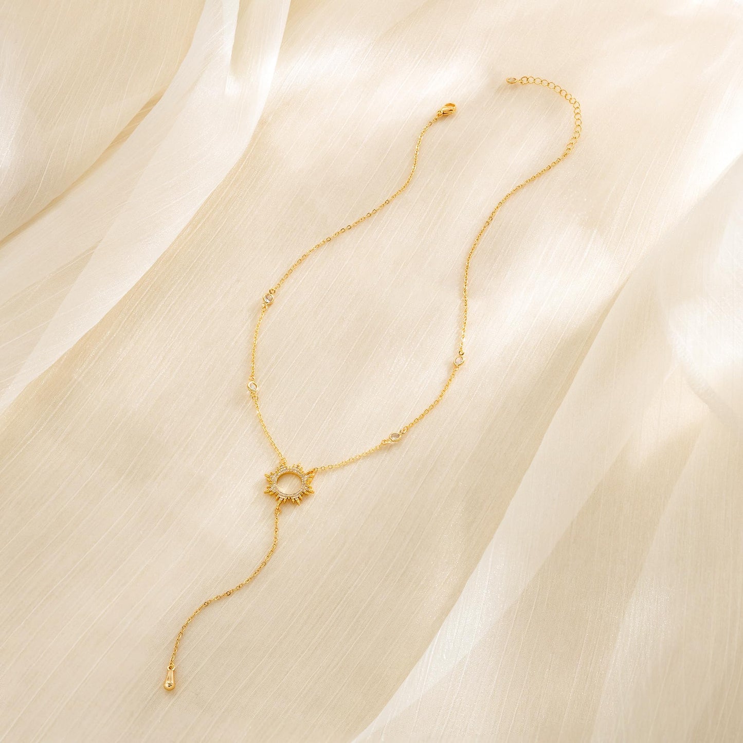 CHESKY 14K Gold Plated Lariat Long Necklace for Women Trendy Layered Y Necklace Dainty CZ Sun Pendant Drop Necklace Sparkle Trendy Jewelry