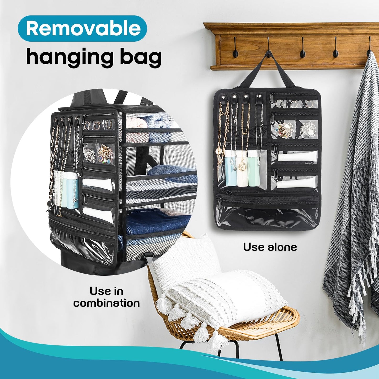 Wisreach Hanging Suitcase Organizer & Travel Shelves, Packing Cubes for Travel, Suitcase Organizer for Carry-on Luggage, Easy Packing & Wrinkle-Free Clothes, Black (Fits Most Travel Bags)