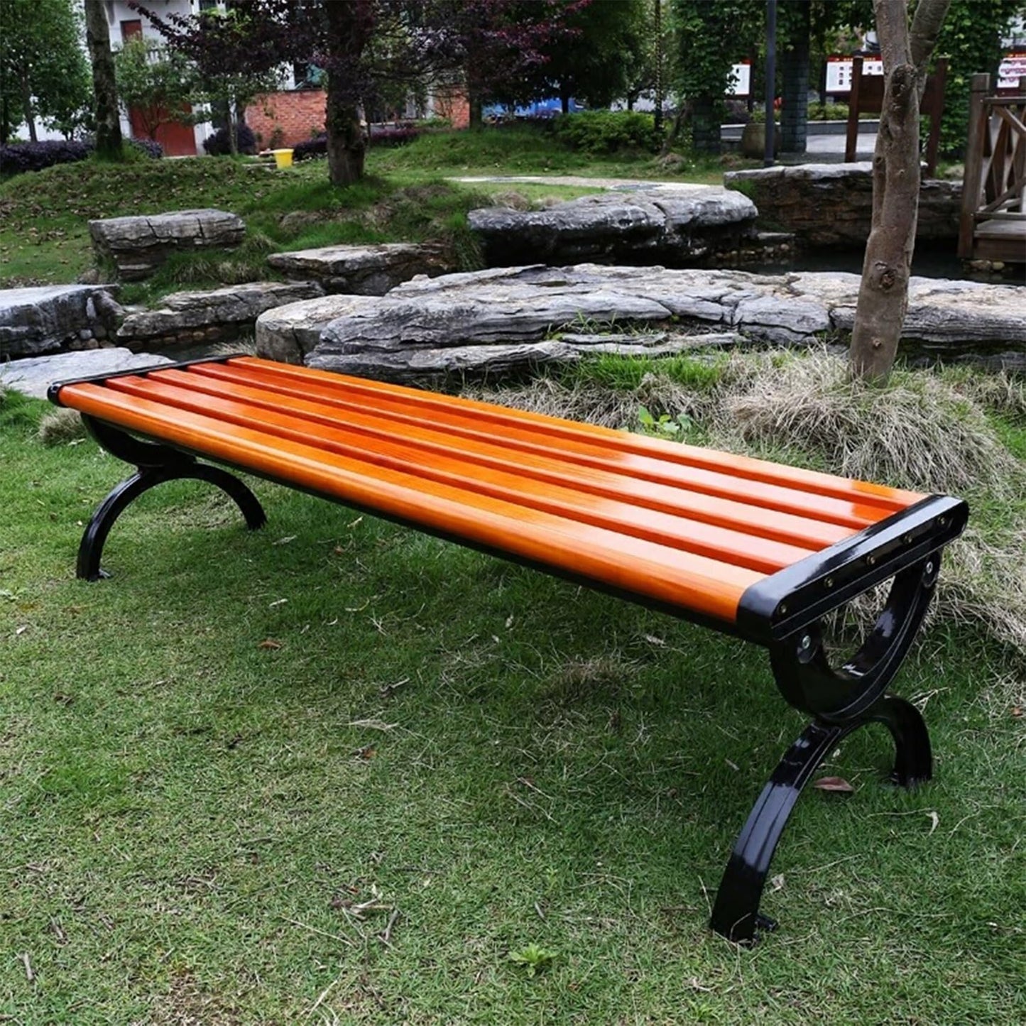 Hlaoxins 67 Inch Outdoor Backless Garden Bench, Solid Pine Wood Slats with Heavy-Duty Aluminum Frame, Weatherproof Patio Bench for Yard, Courtyard, Park, 2-3 Seater Modern Outdoor Dining Bench