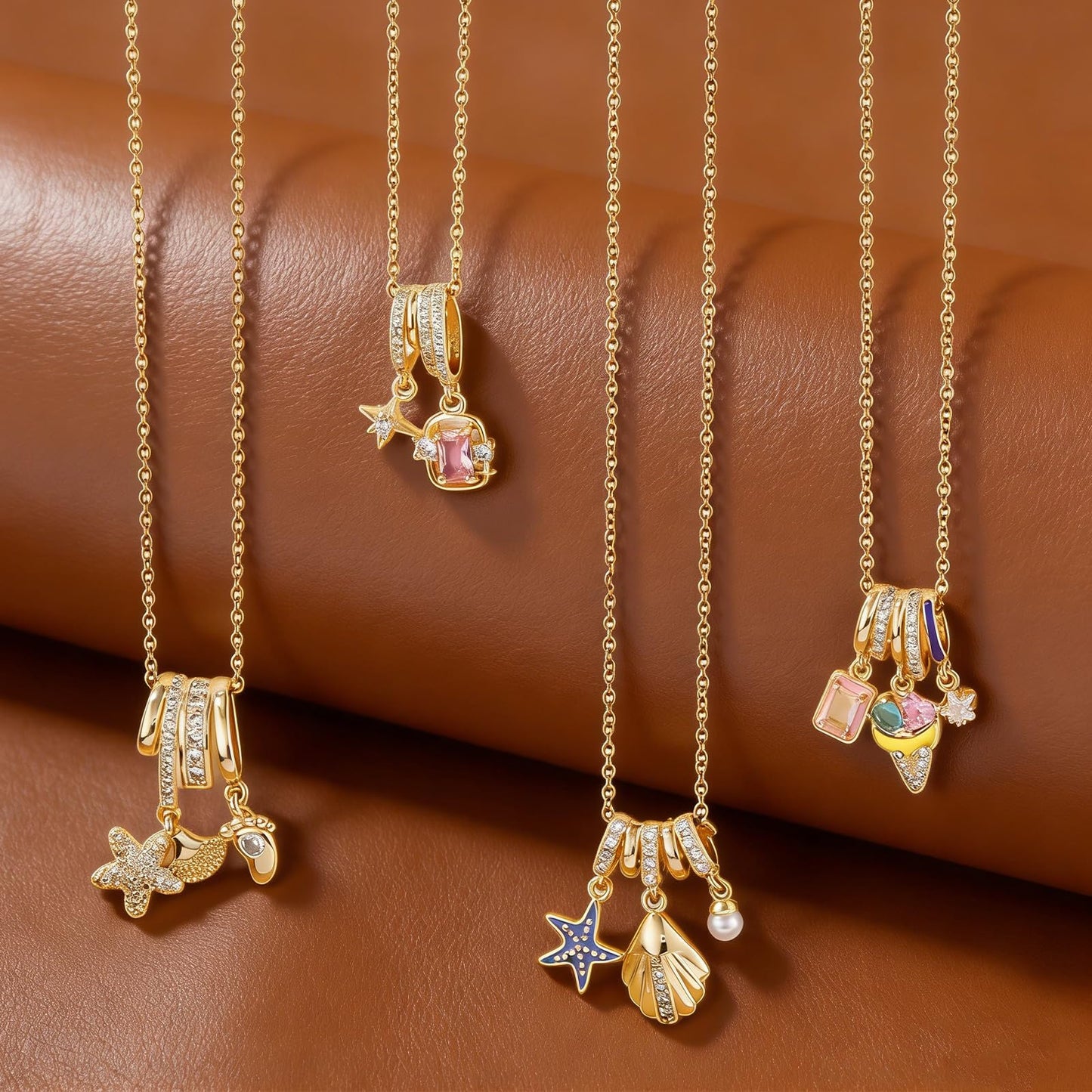 Blue Enamel Starfish And CZ Seashell Necklace For Women-Gold Plated Pearl Multi-Pendant Beachy Jewelry For Valentines Day Mother's Day Christmas Birthday Gifts