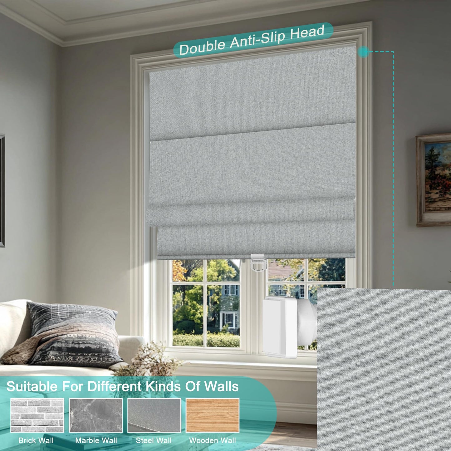 BERISSA No Drill Cordless Roman Shades for Window, Blackout Roman Blinds Room Darkening Pull Down Blinds Easy Install Linen Roman Window Shades for Door,Windows,Bedroom,Custom Size, Light Gray