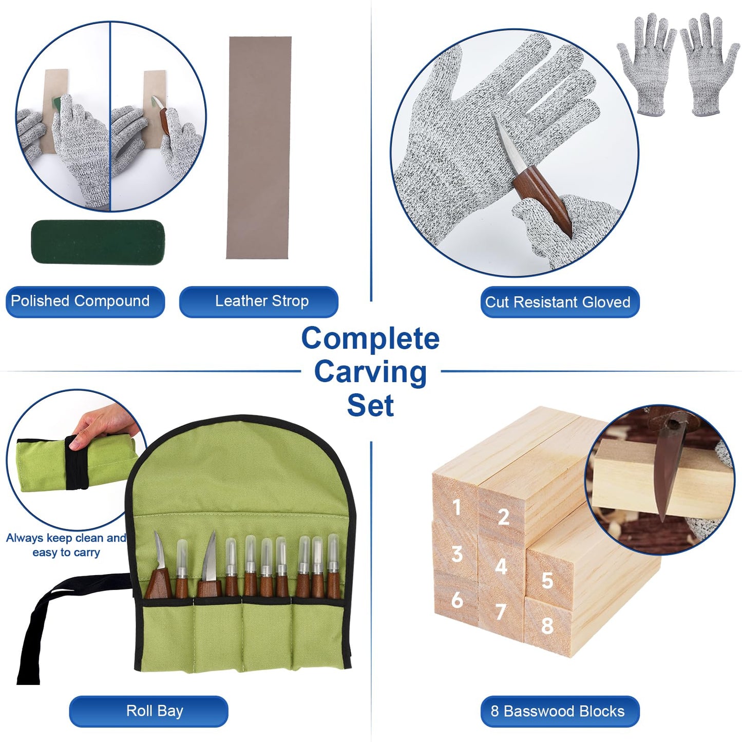 Hexola Wood Carving Kit Whittling Kit 26pcs Wood Carving Tools Knife Set with 3 Wood Carving Knives 8 Detail Knives 8 Blocks, Whittling Kit DIY Hobbies for Beginners Adults Kids - Gift for Men Teens