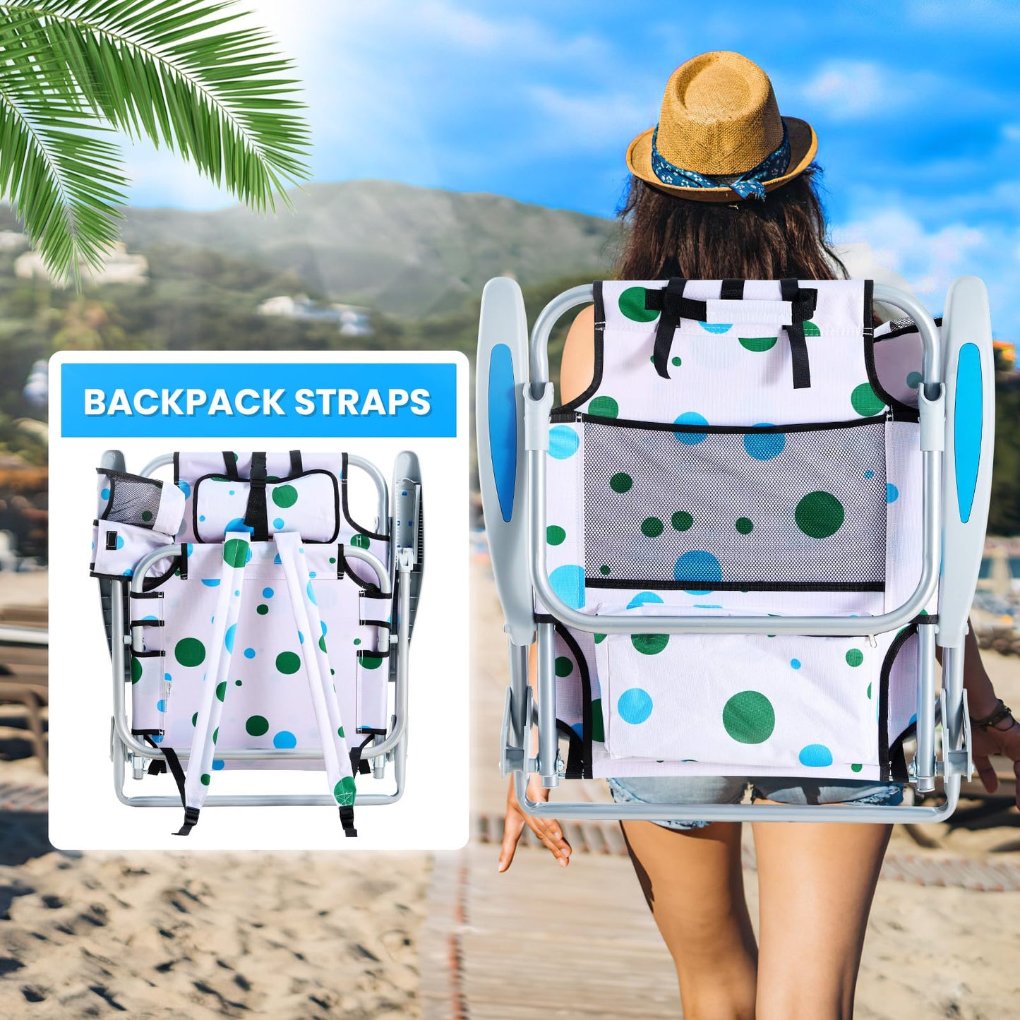 Canpsky 2 Pack Lightweight Portable Camping Beach Chair for Adults, Lay Flat Folding Beach Chairs with 5 Positions, Backpack Beach Chair with Towel Bar, Zipper Pouch, Cup Holder, Geometric Circle