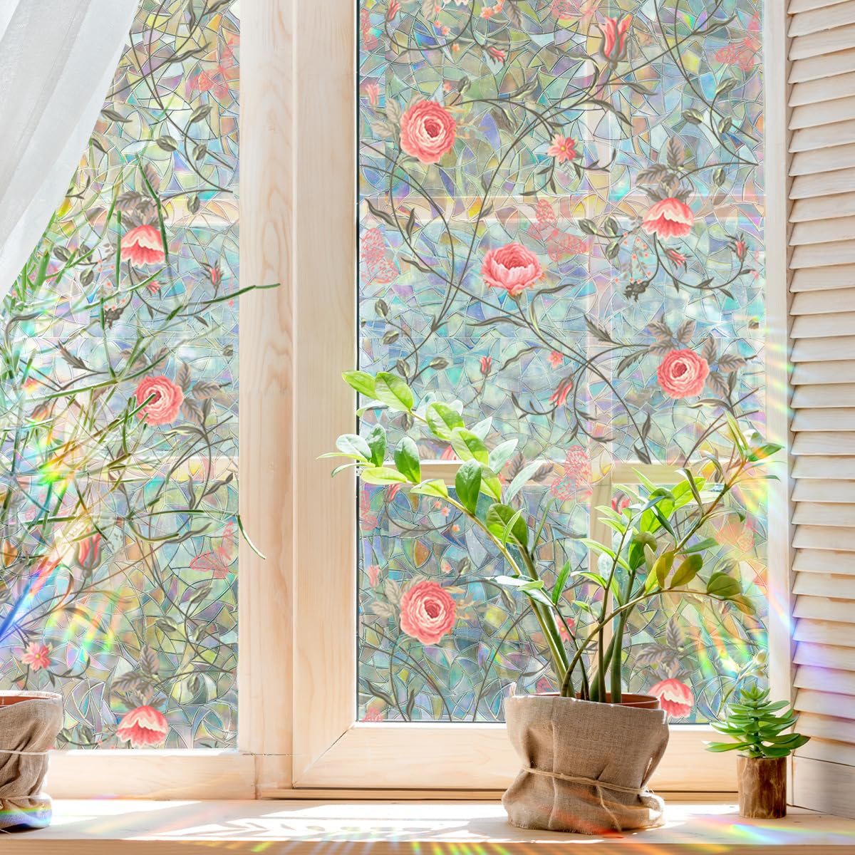Runtoo Window Privacy Film Rainbow Rose Floral Window Clings 3D Decorative Vinyl Stained Glass Boho Pink Peony Flowers Decals Static Sticker Non-Adhesive, 15.75 x 40 inches