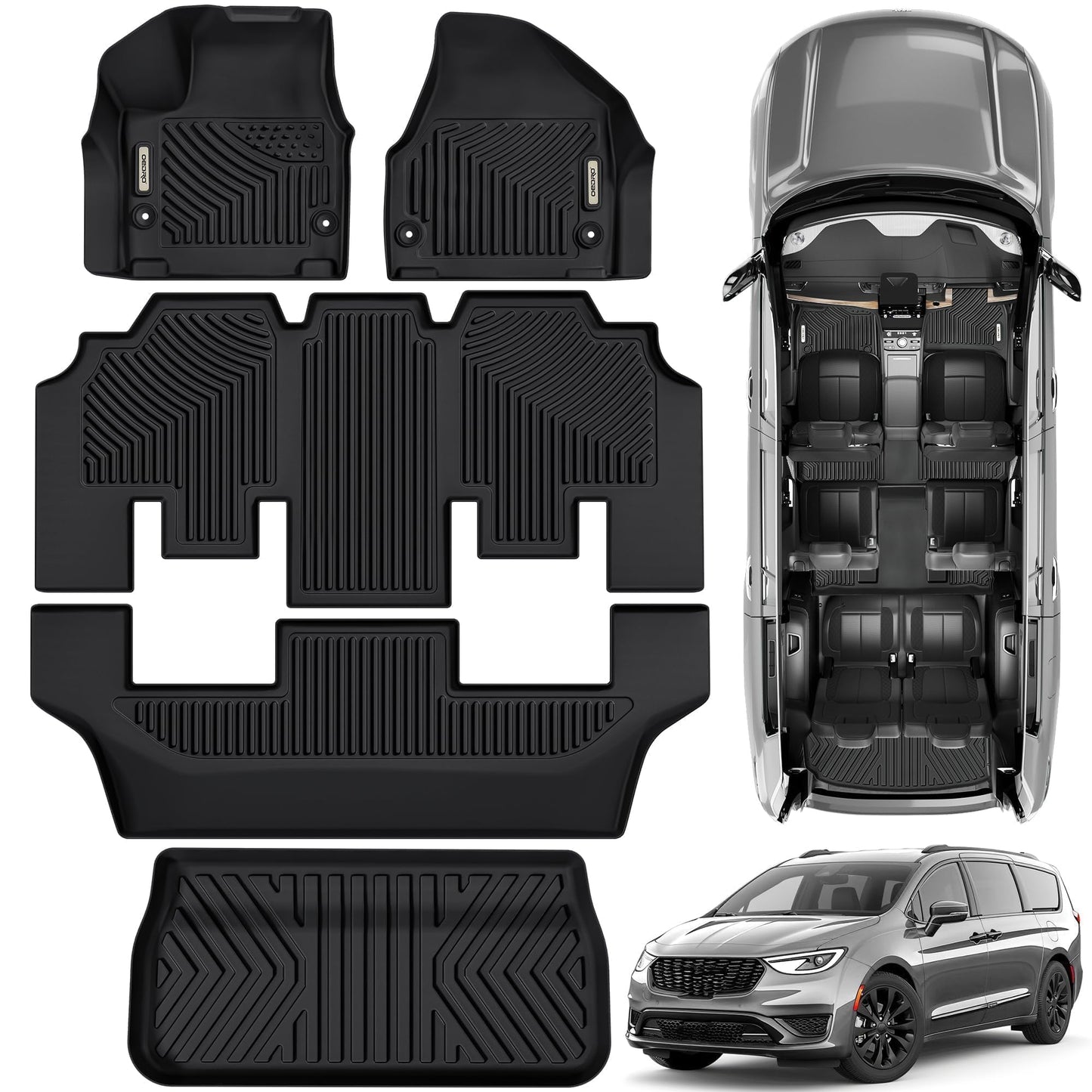 OEDRO Floor Mats & Cargo Mat Fit for Chrysler Pacifica 2017-2025 2026(No Hybrid Models), 7 and 8 Passenger Model, 2020-2025 Voyager Custom All-Weather Protection Full Set TPE Floor Liners