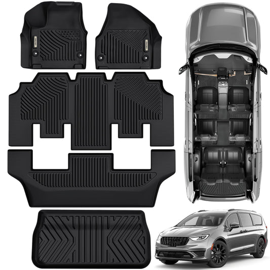 OEDRO Floor Mats & Cargo Mat Fit for Chrysler Pacifica 2017-2025 2026(No Hybrid Models), 7 and 8 Passenger Model, 2020-2025 Voyager Custom All-Weather Protection Full Set TPE Floor Liners