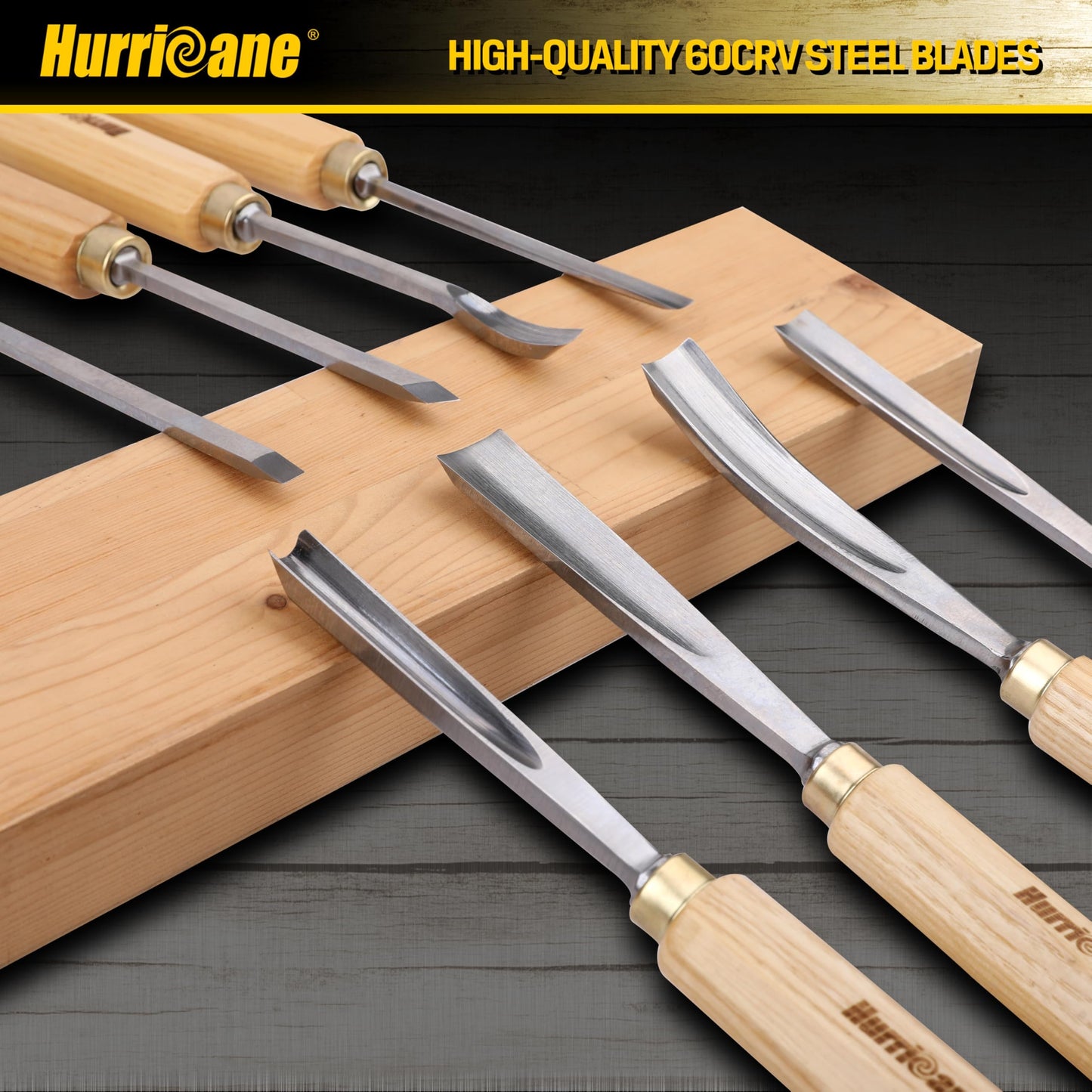 HURRICANE 12-Piece Wood Carving Tools Set, Professional Wood Carving Chisels Kit with Razor Sharp 60CRV Steel Blades, Ash Wood Handles & Canvas Case for Beginners & Professionals