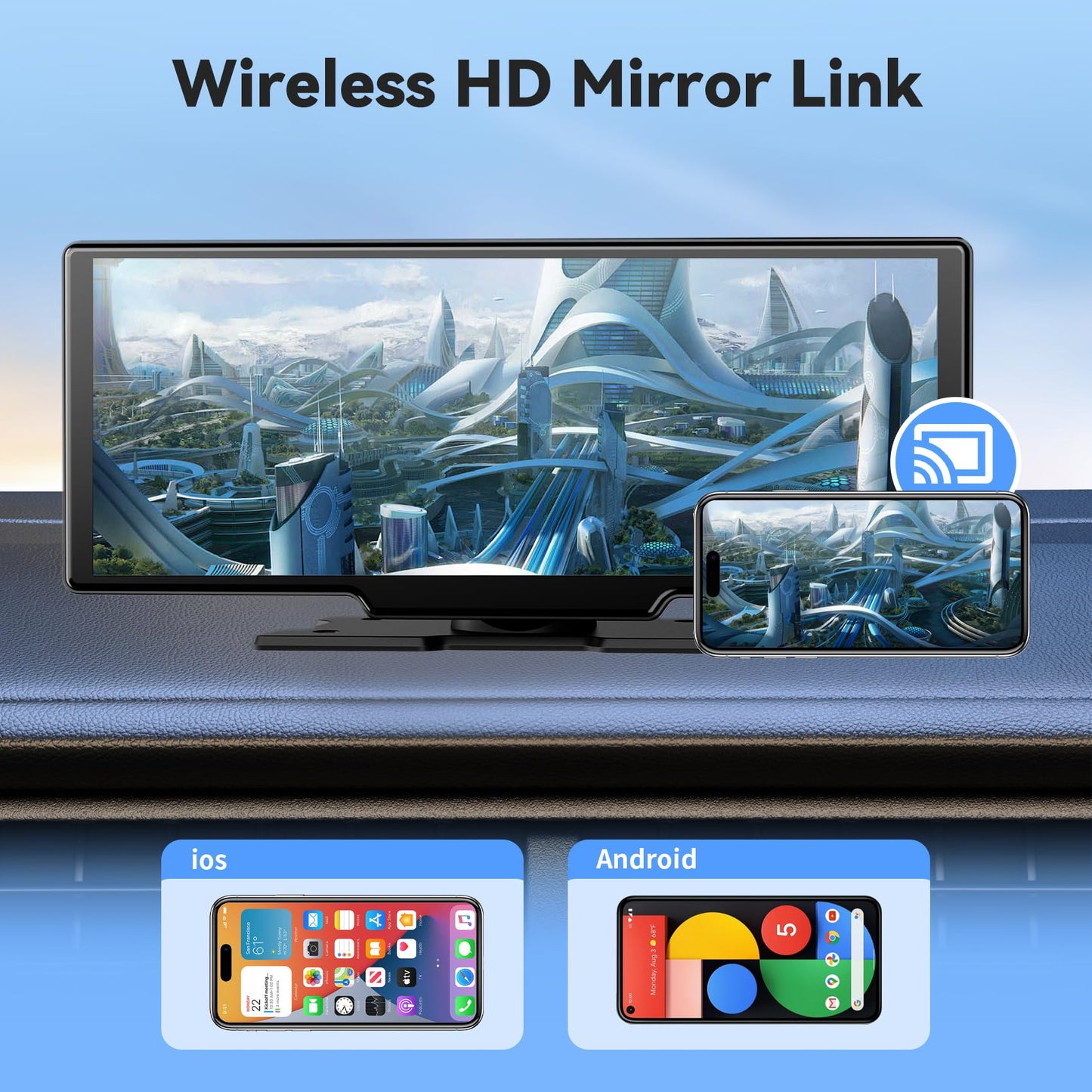 Portable Apple CarPlay Screen, Extra Large 11.26 Inch 4K Car Play & Android Auto HD Touchscreen, Wireless Car Stereo with Dash Cam, G-Sensor/App Control/Backup Camera/Loop Recording/Mirror Link/GPS/FM