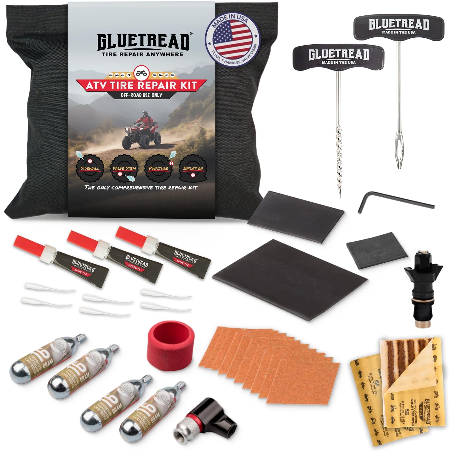 GlueTread ATV Tire Repair Kit Complete Off-Road Tire Patch Kit - Includes Glue Tread Sidewall Repair Patches, Colby Emergency Valve, Plug Kits (12 Plugs), T Handles and 4 CO2 Cartridges - Heavy Duty