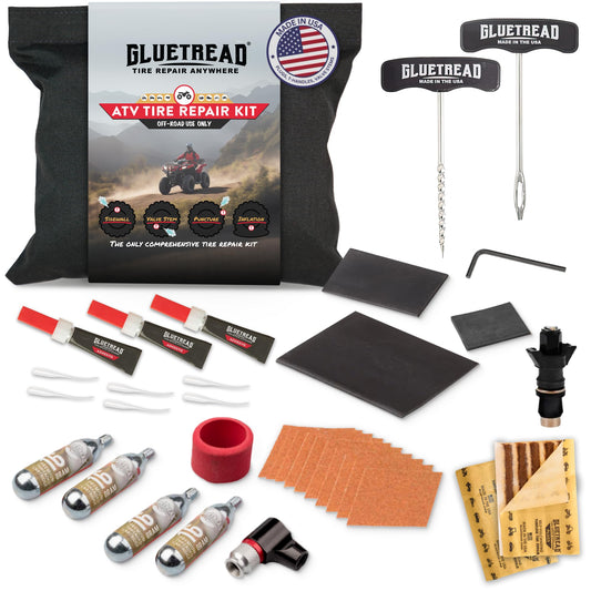 GlueTread ATV Tire Repair Kit Complete Off-Road Tire Patch Kit - Includes Glue Tread Sidewall Repair Patches, Colby Emergency Valve, Plug Kits (12 Plugs), T Handles and 4 CO2 Cartridges - Heavy Duty