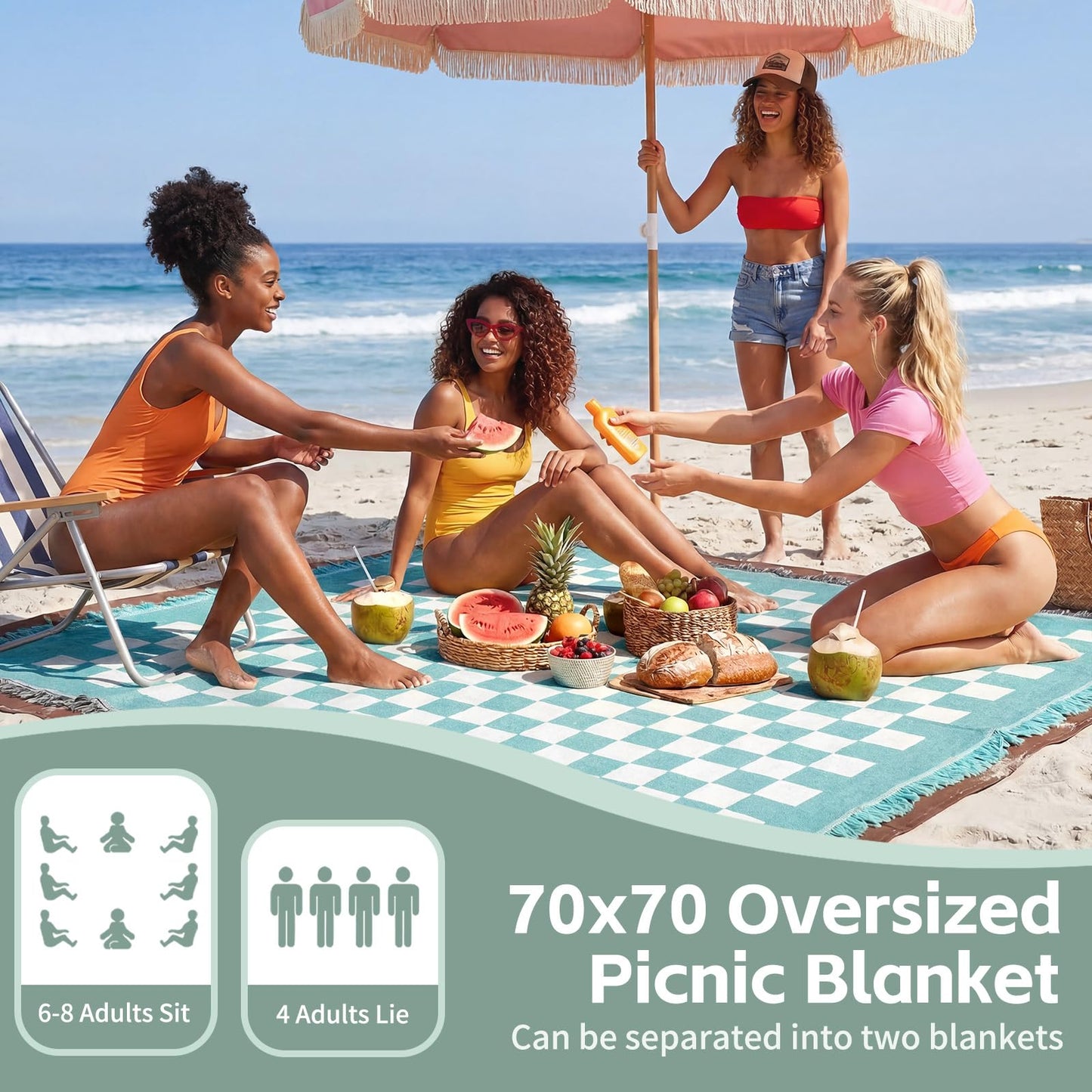 2 in 1 Extra Large Boho Beach Blanket Towel Picnic Camp Mat Family Beach Trip Essentials Summer Vacation Must Have Travel Accessories Lake Day Necessities Stuff Thing Need Gear Gift Item Gadget 2026