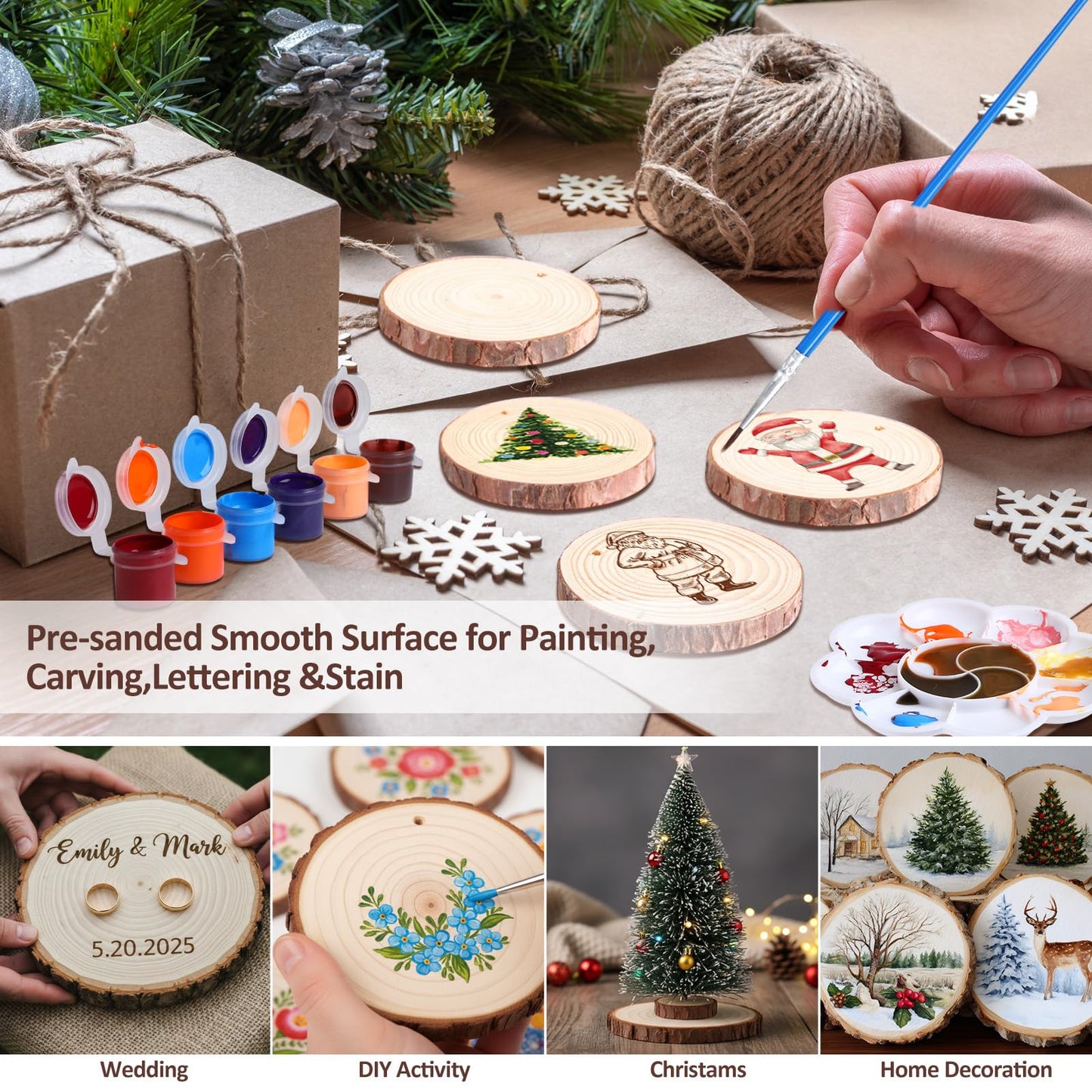 Kathfly 20 Pcs Unfinished Wood Slices with Hole for Centerpieces 3.5-4 Inch Natural Wood Craft Kits Round Wooden Discs with Paints Brushes Palettes for DIY Craft Christmas Ornaments Wedding Home Decor