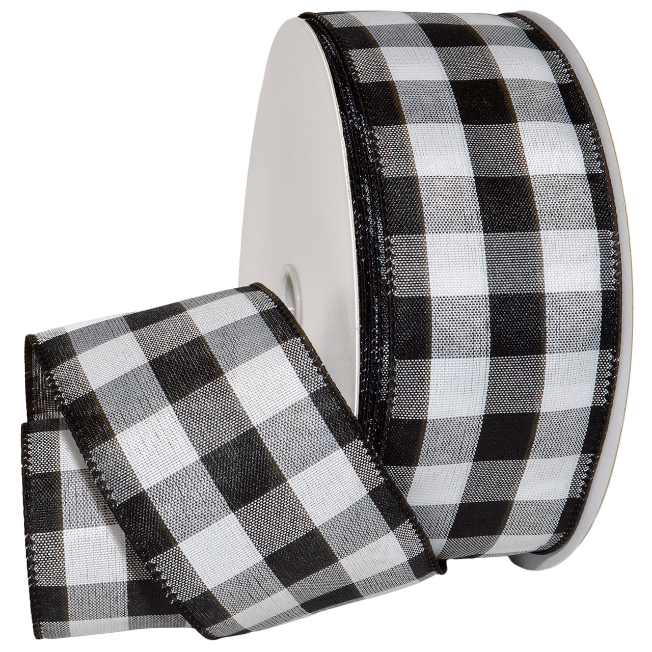 Morex Ribbon 7398.60/50-613 Cambridge 2.5" X 50 YD Wired Ribbon, Black and White, Buffalo Check Plaid Ribbon for Gift Wrapping, Christmas Decorations Indoor Home Decor, Craft Supplies & Materials