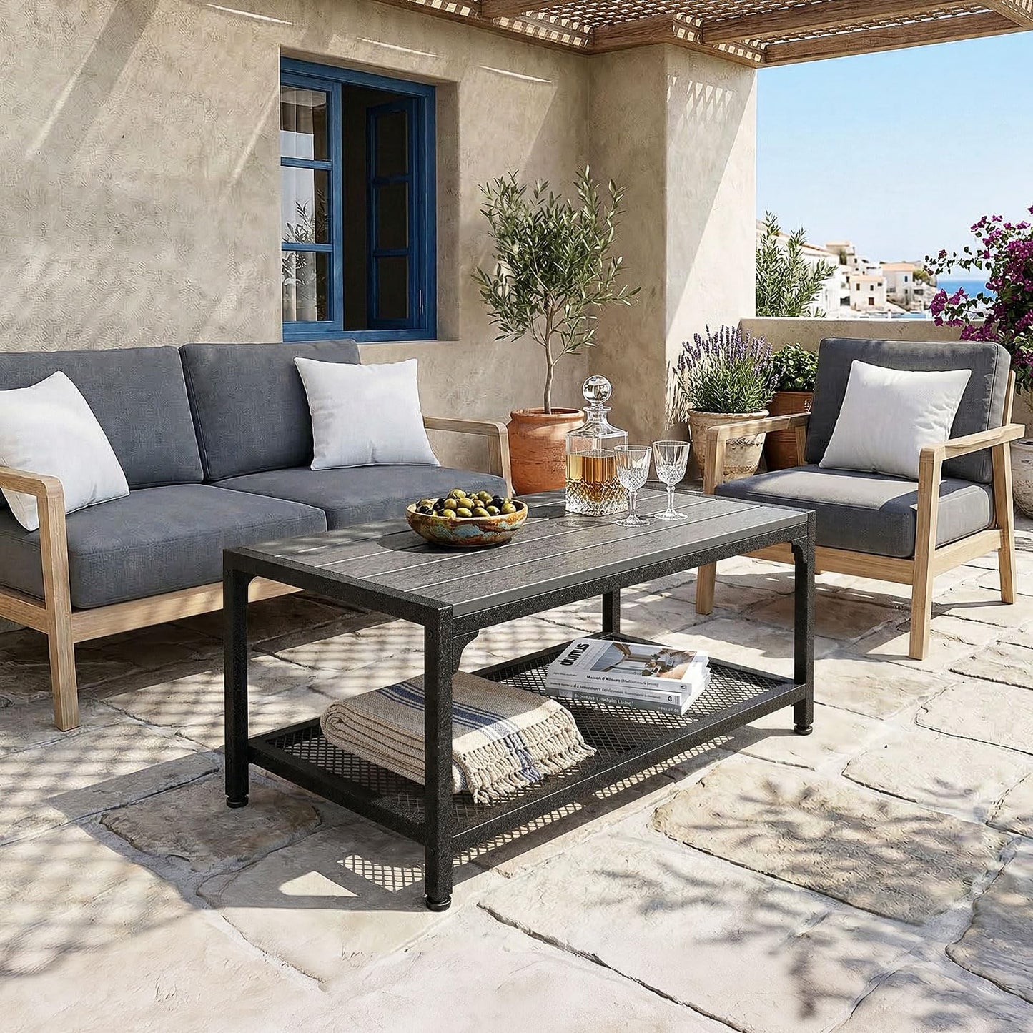 ODK Outdoor Coffee Table with Double-Layer Storage, Rectangle Weather-Resistant Patio Coffee Table for Garden, Balcony, Hot Tub, Poolside, Heavy-Duty Metal Frame, Grey